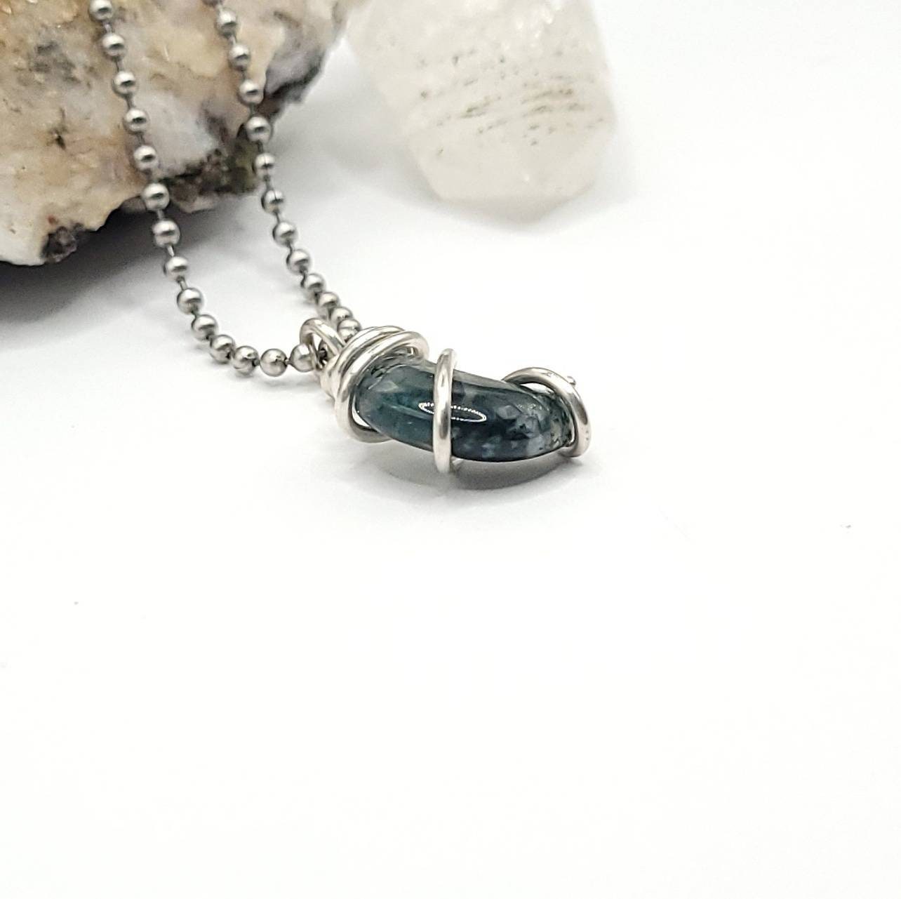 Green Moss Agate Moon Necklace, Silver Wire Wrapped Moss Agate Pendant | Promotes Abundance, Success and Prosperity, Crescent Moon Pendant