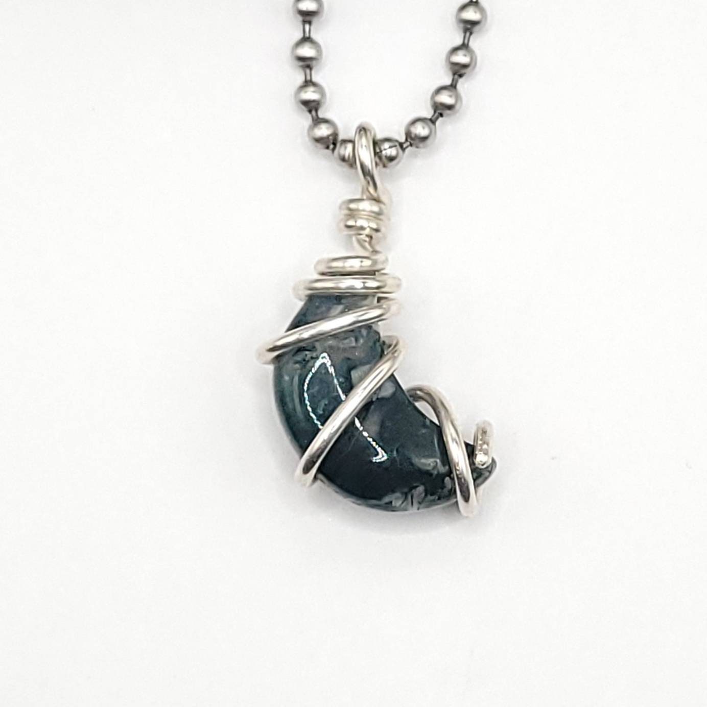 Green Moss Agate Moon Necklace, Silver Wire Wrapped Moss Agate Pendant | Promotes Abundance, Success and Prosperity, Crescent Moon Pendant