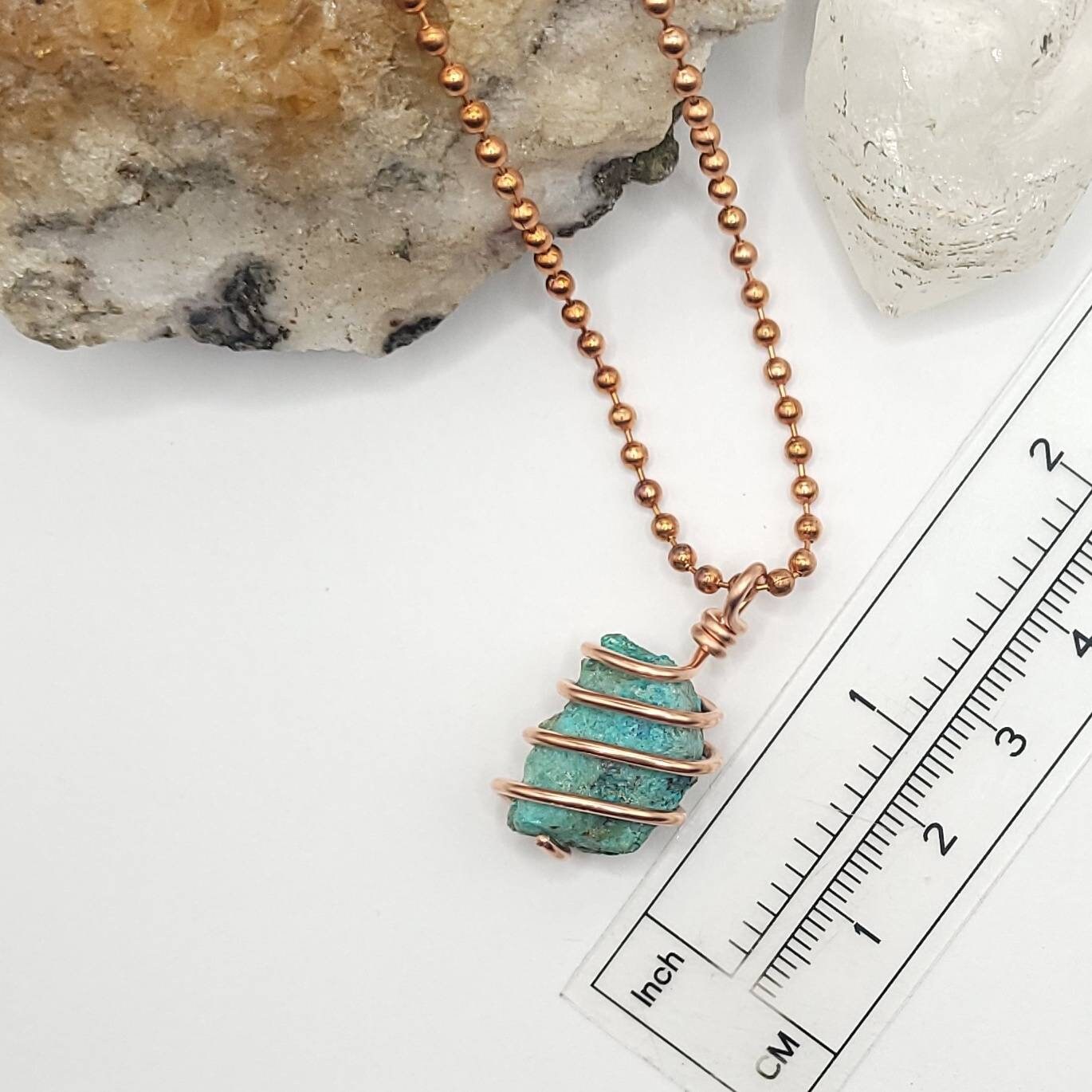 Raw Shattuckite Crystal Necklace in Copper, measurements
