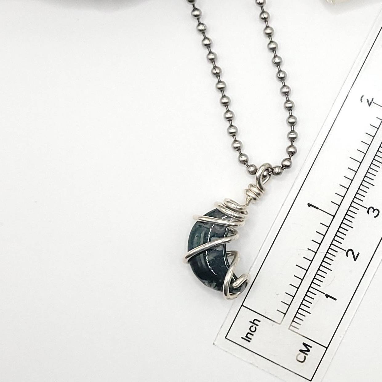 Green Moss Agate Moon Necklace, Silver Wire Wrapped Moss Agate Pendant | Promotes Abundance, Success and Prosperity, Crescent Moon Pendant