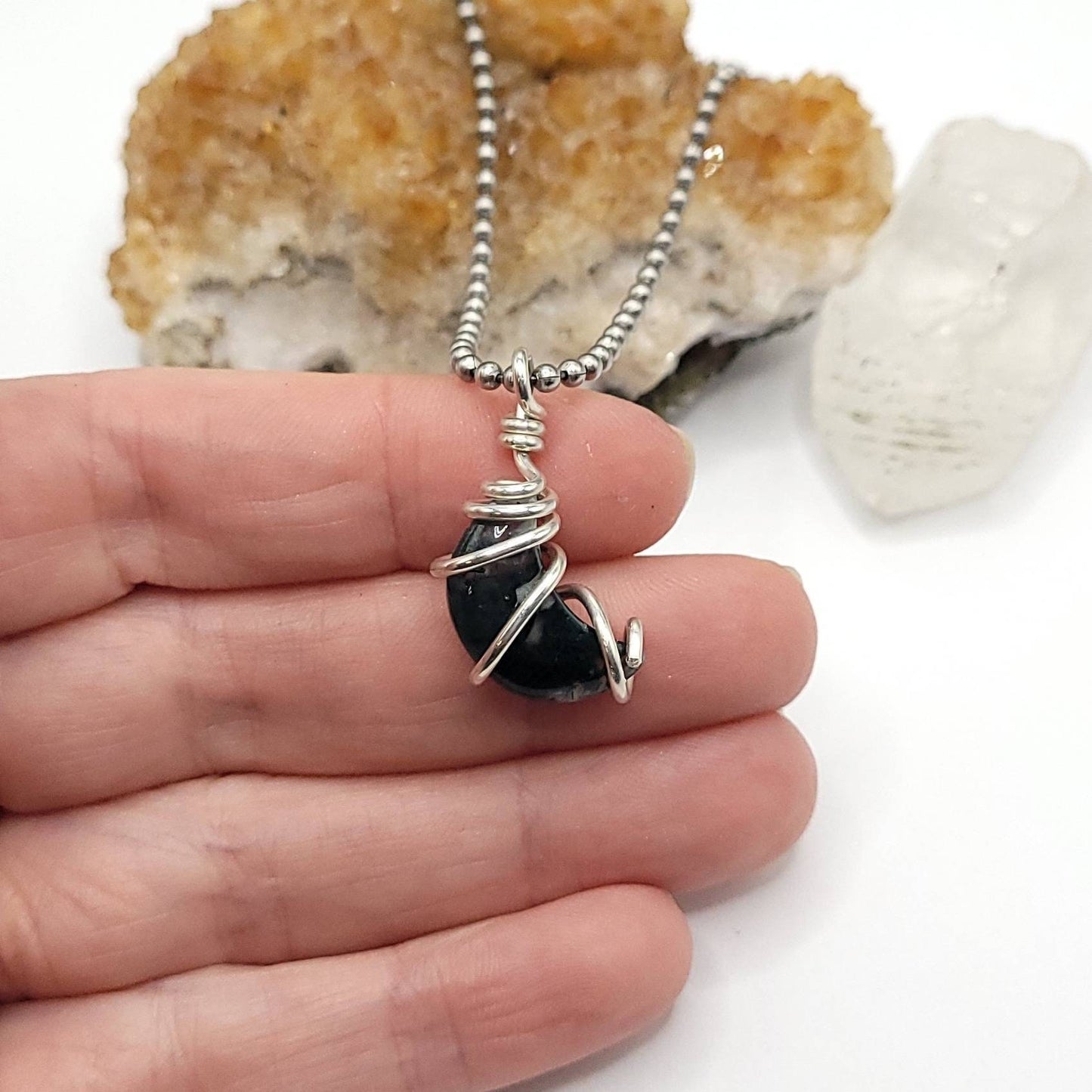 Green Moss Agate Moon Necklace, Silver Wire Wrapped Moss Agate Pendant | Promotes Abundance, Success and Prosperity, Crescent Moon Pendant