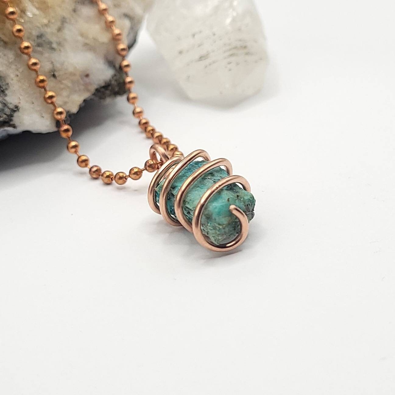 Raw Shattuckite Crystal Necklace in Copper, side view