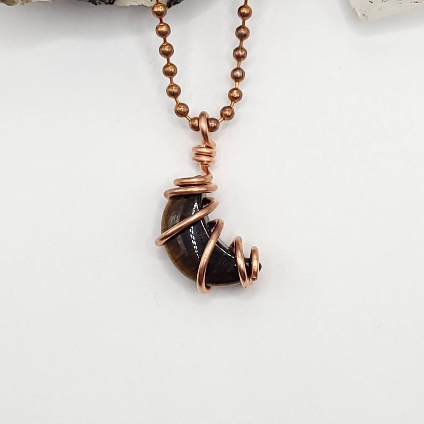 Tiger's Eye Moon Necklace, Copper Wire Wrapped Pendant. Tiger's Eye Crescent Moon