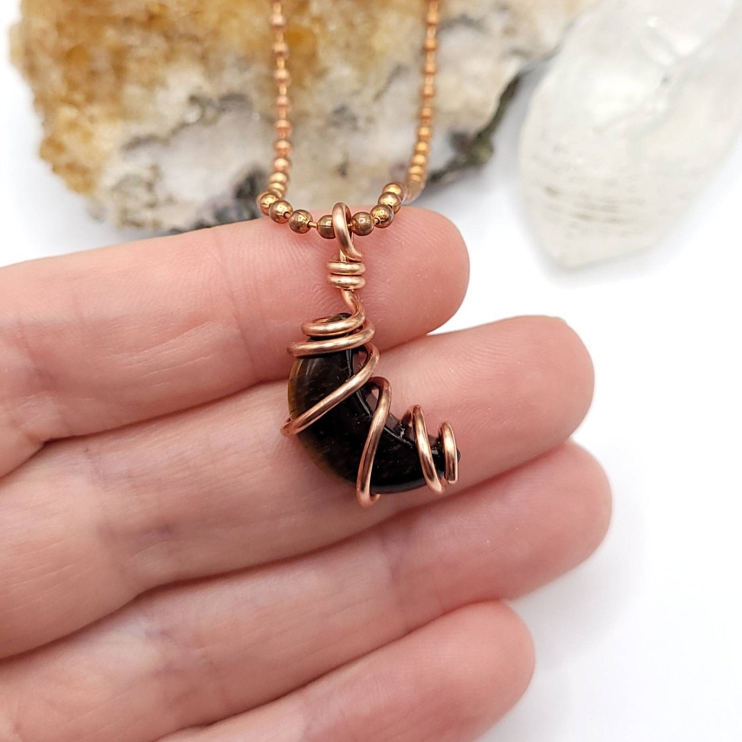 Tiger's Eye Moon Necklace, Copper Wire Wrapped Pendant. Tiger's Eye Crescent Moon