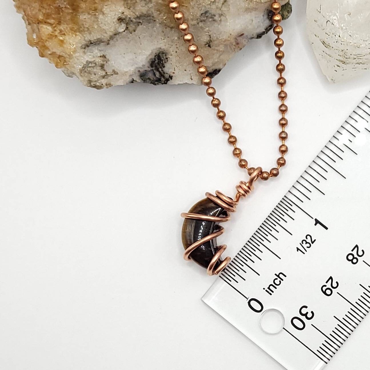 Tiger's Eye Moon Necklace, Copper Wire Wrapped Pendant. Tiger's Eye Crescent Moon