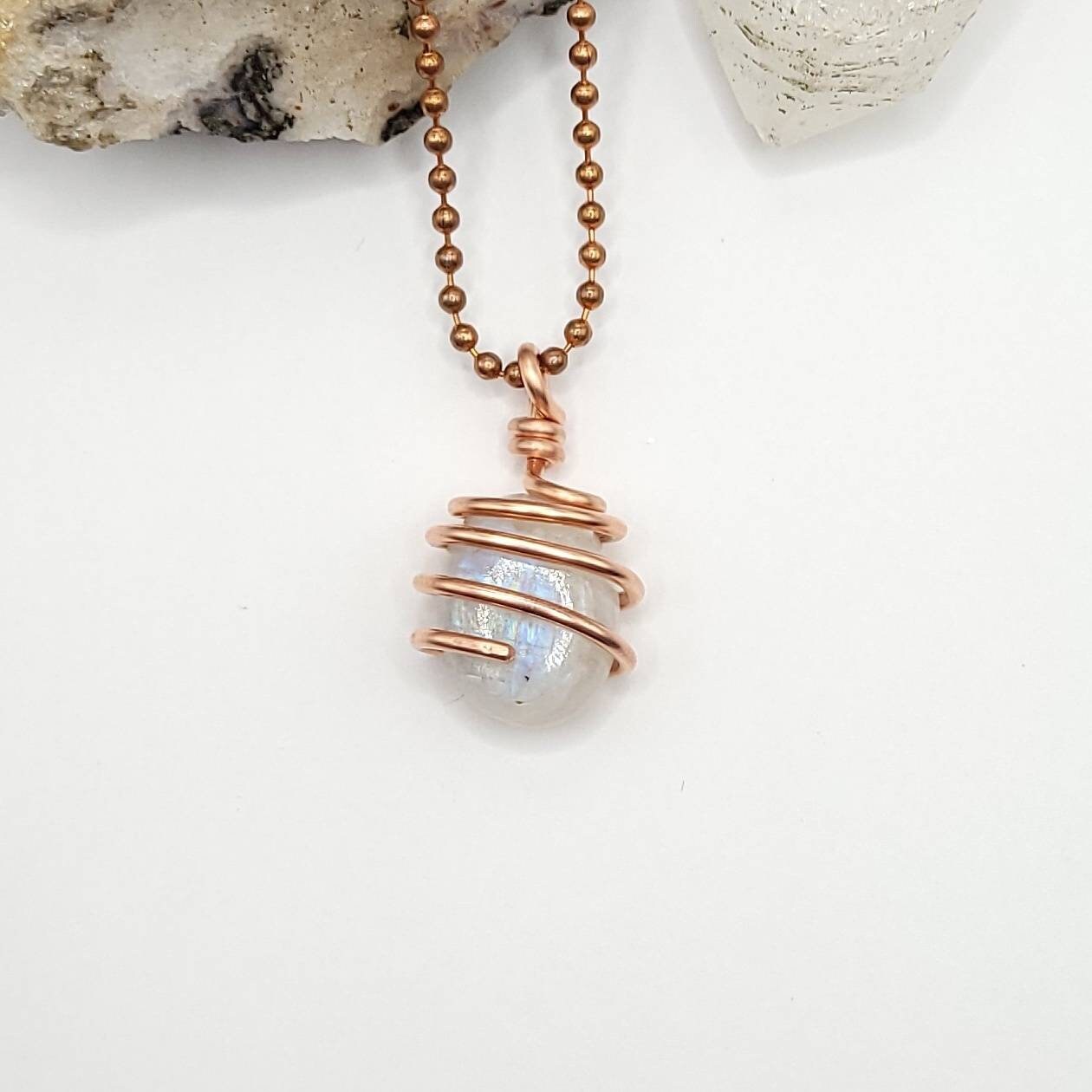 Rainbow Moonstone Necklace, Copper Wire Wrapped Moonstone Pendant on white background
