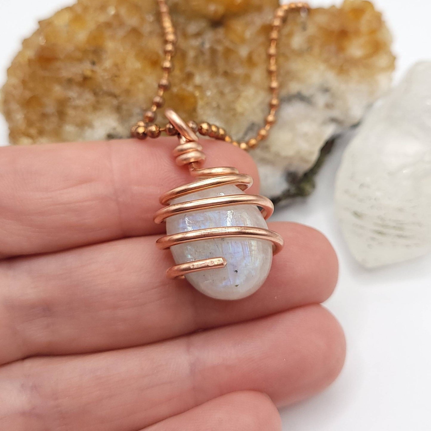 Rainbow Moonstone Necklace, Copper Wire Wrapped Moonstone Pendant