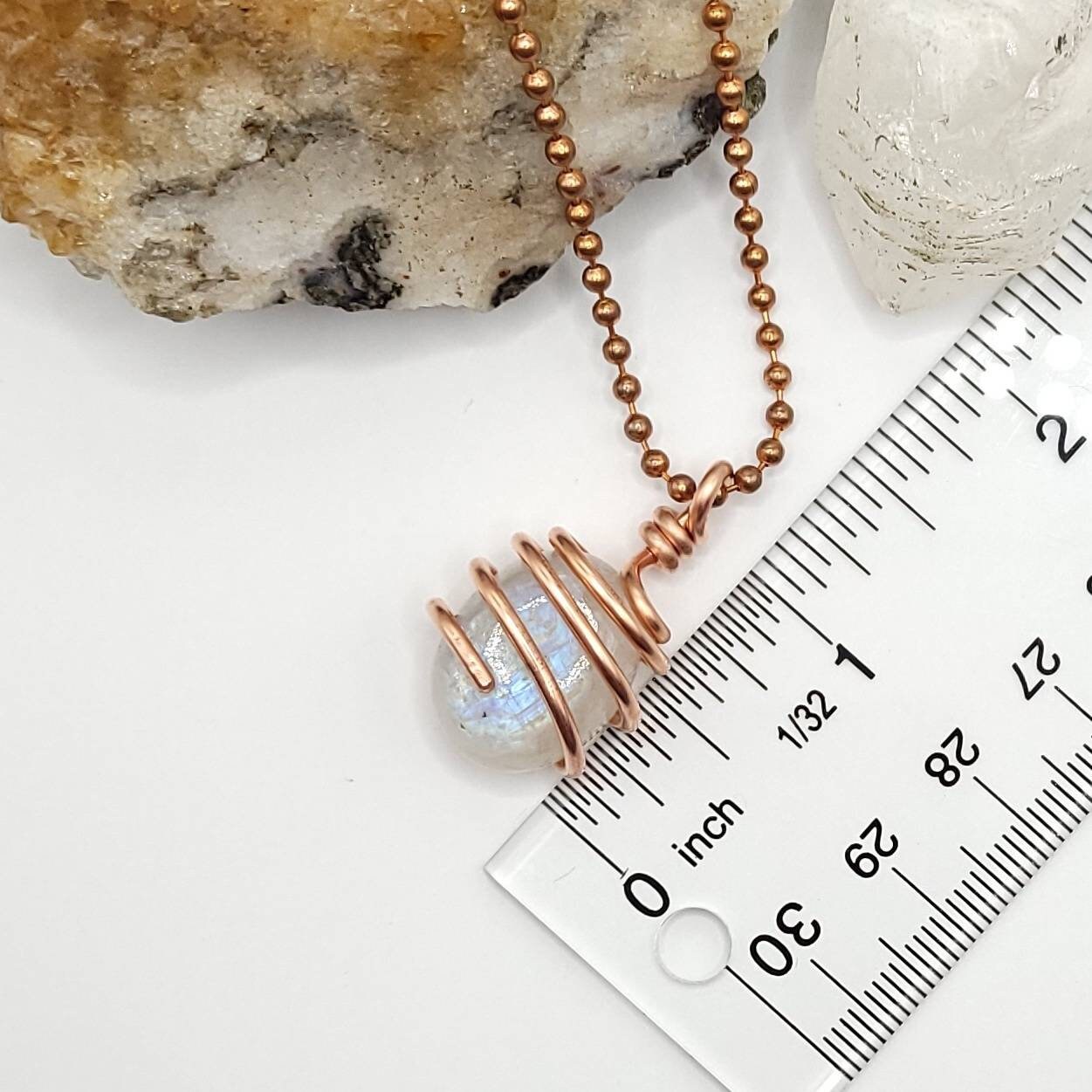 Rainbow Moonstone Necklace, Copper Wire Wrapped Moonstone Pendant measurement just over 1 inch