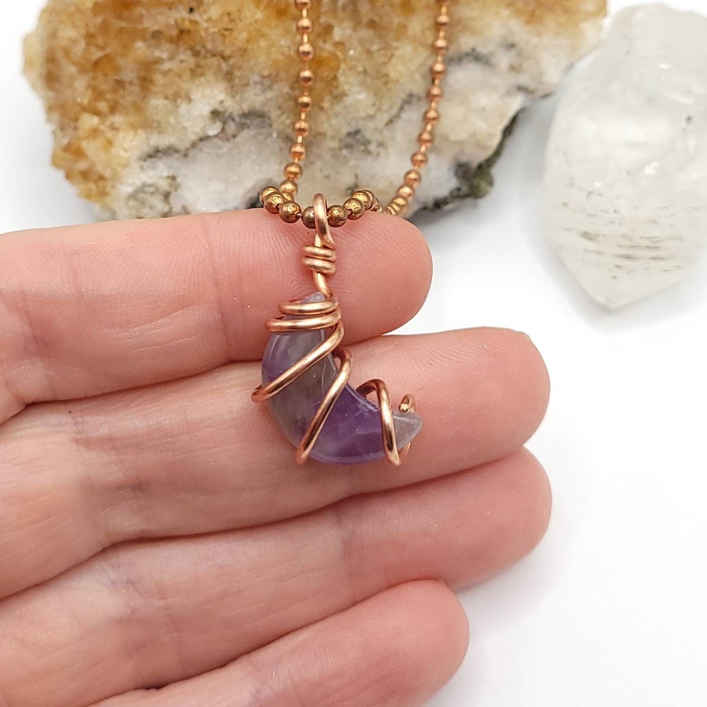 Amethyst Moon Necklace, Copper Wire Wrapped Amethyst Pendant, Crystal Crescent Moon Pendant