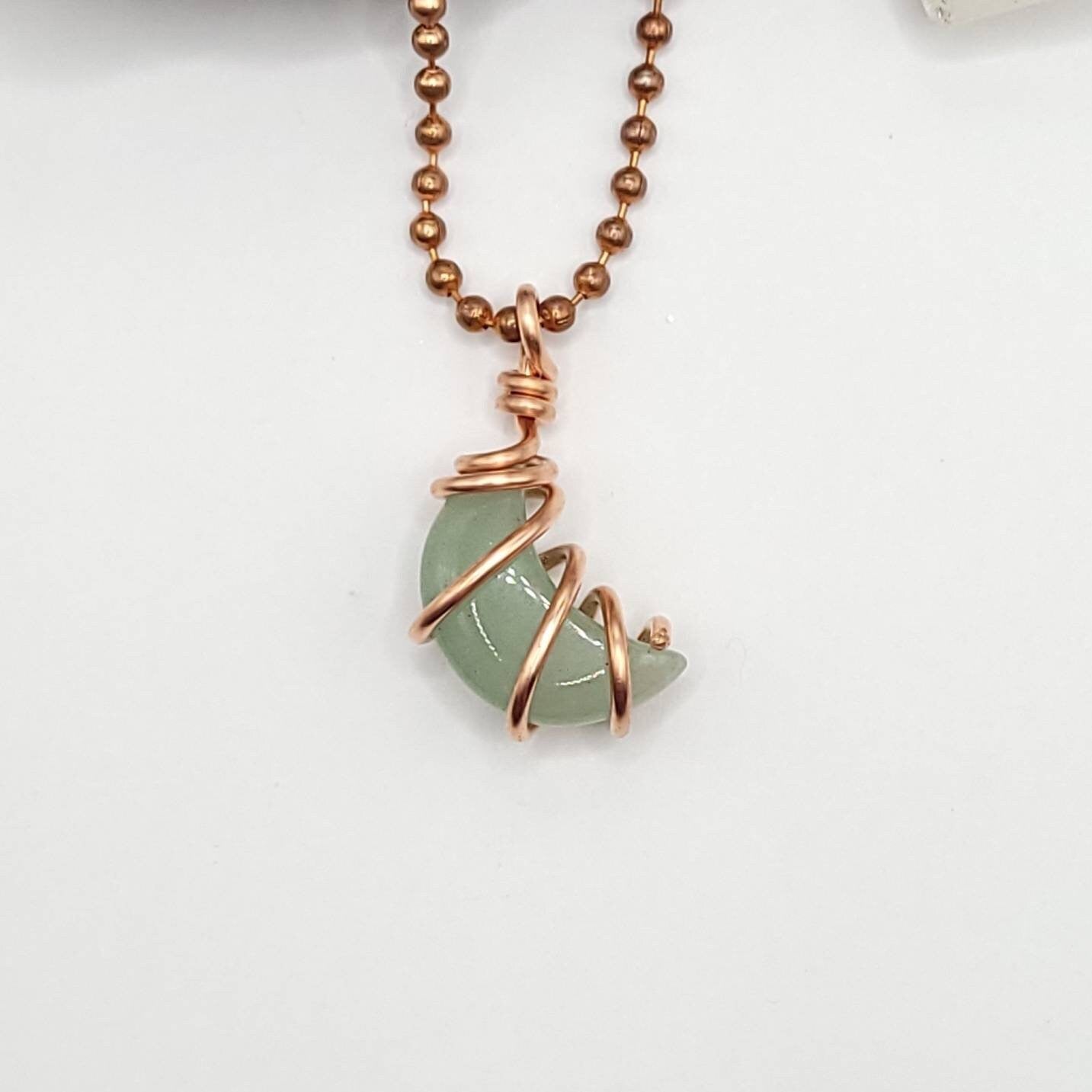 Green Aventurine Crescent Moon Necklace, Copper Wire Wrapped Green Aventurine Pendant, Crystal Moon Necklace