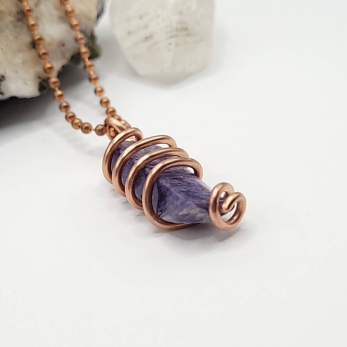 Charoite Necklace, Copper Wire Wrapped Charoite Pendant, Charoite Crystal | Aids in Spiritual Growth, Inspiration and Transformation