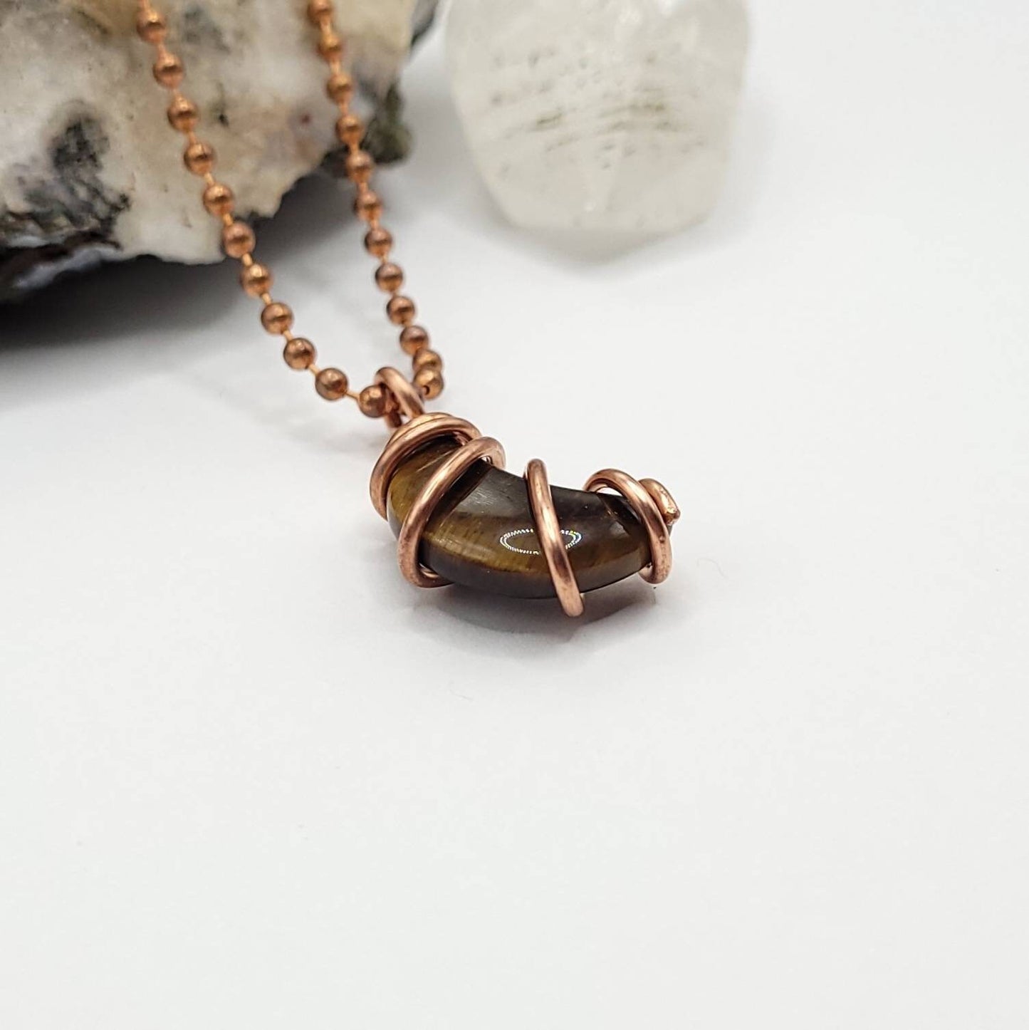 Tiger's Eye Moon Necklace, Copper Wire Wrapped Pendant. Tiger's Eye Crescent Moon