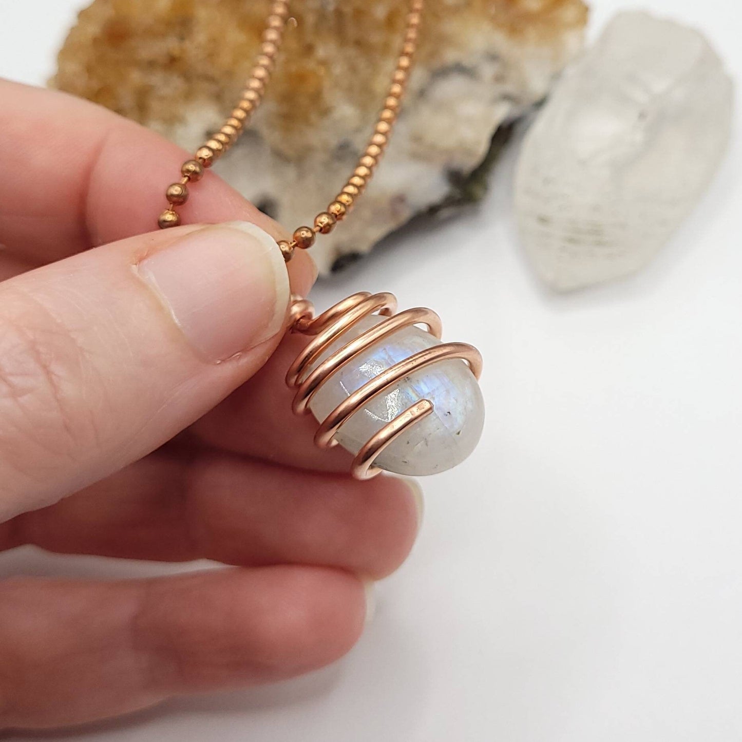 Rainbow Moonstone Necklace, Copper Wire Wrapped Moonstone Pendant