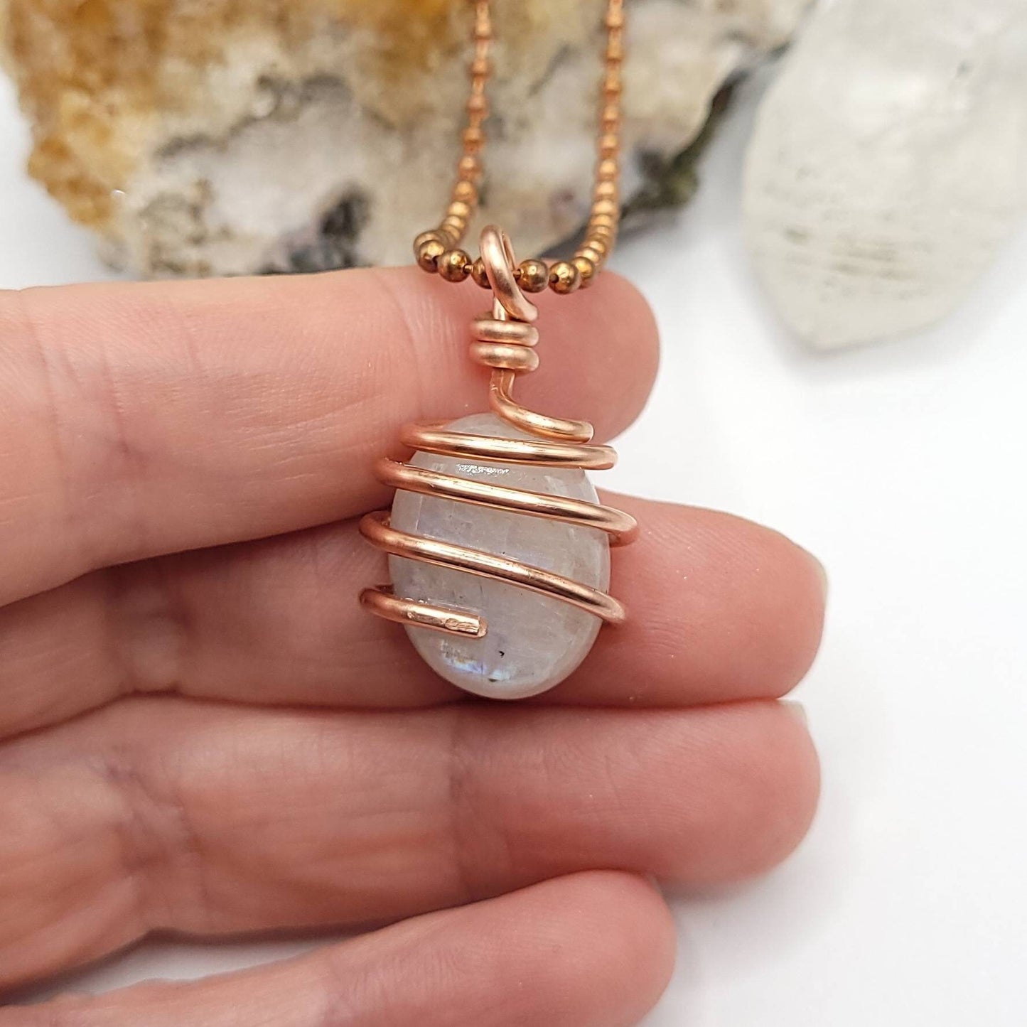 Rainbow Moonstone Necklace, Copper Wire Wrapped Moonstone Pendant