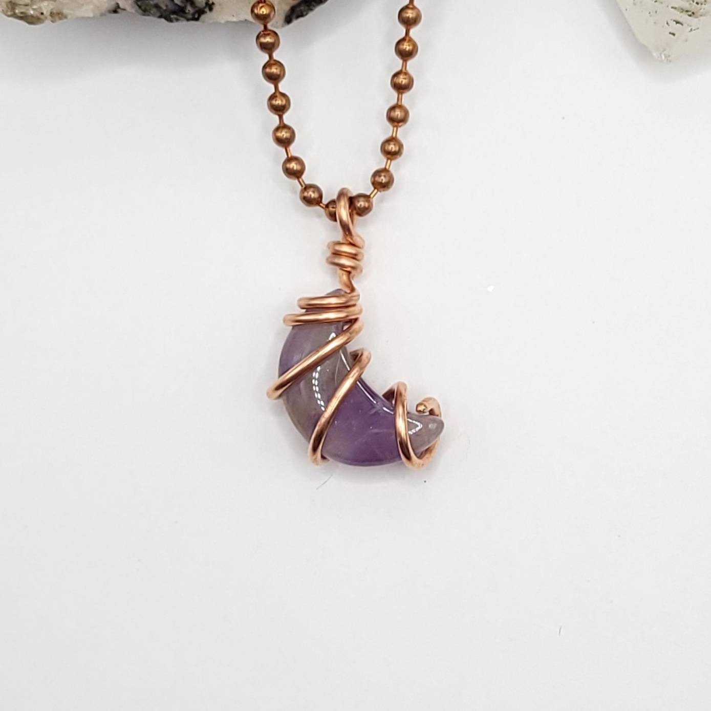 Amethyst Moon Necklace, Copper Wire Wrapped Amethyst Pendant, Crystal Crescent Moon Pendant
