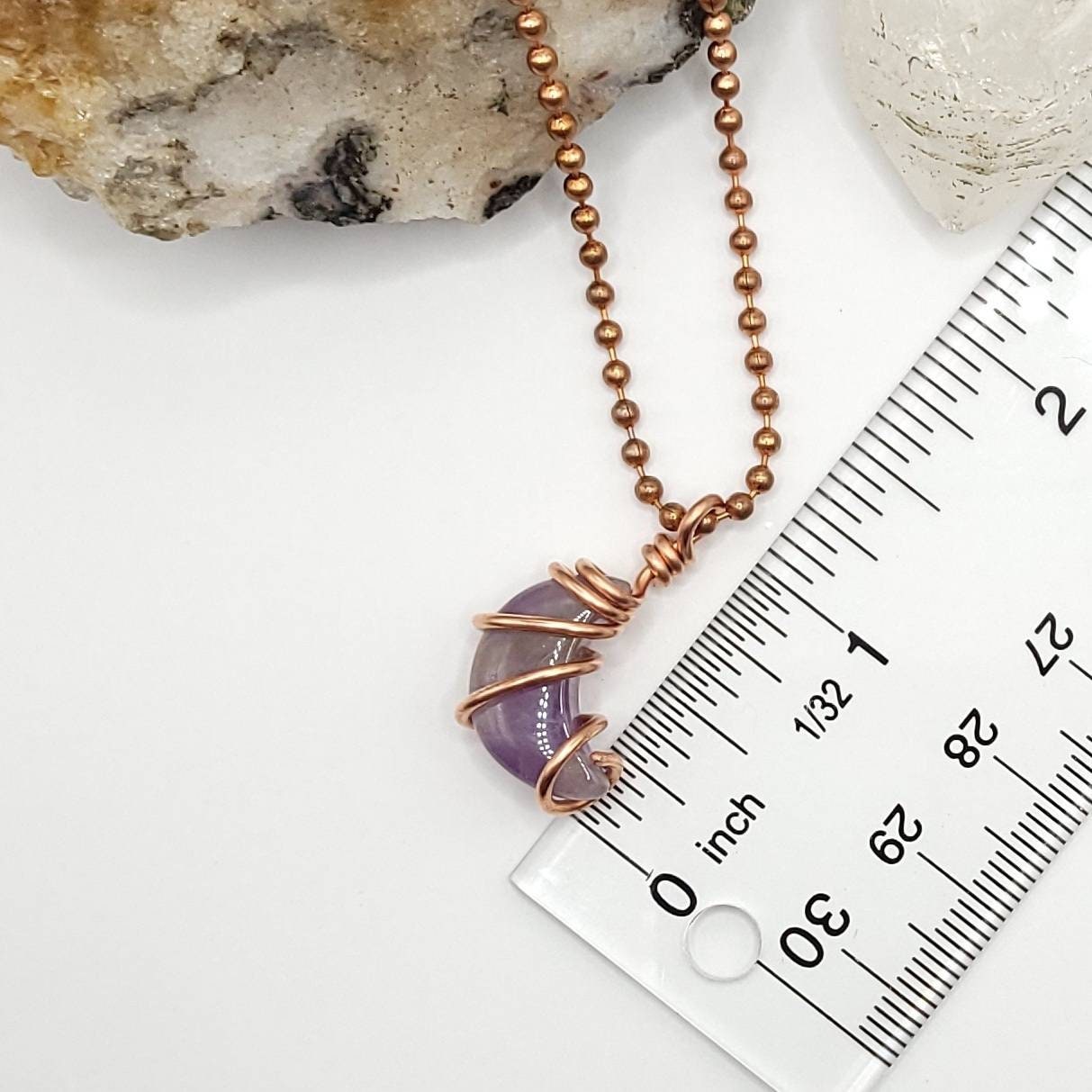 Amethyst Moon Necklace, Copper Wire Wrapped Amethyst Pendant, Crystal Crescent Moon Pendant