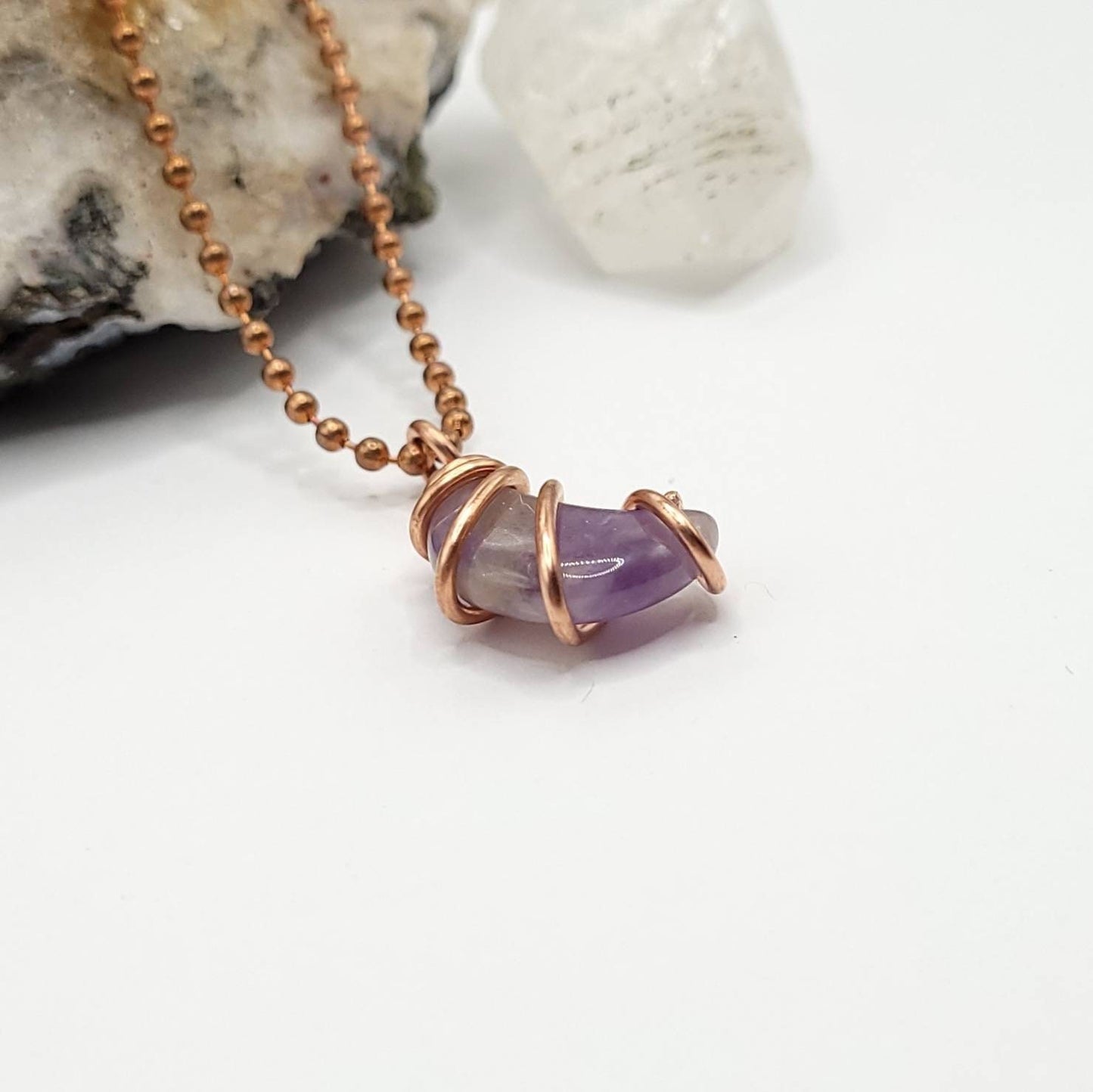 Amethyst Moon Necklace, Copper Wire Wrapped Amethyst Pendant, Crystal Crescent Moon Pendant