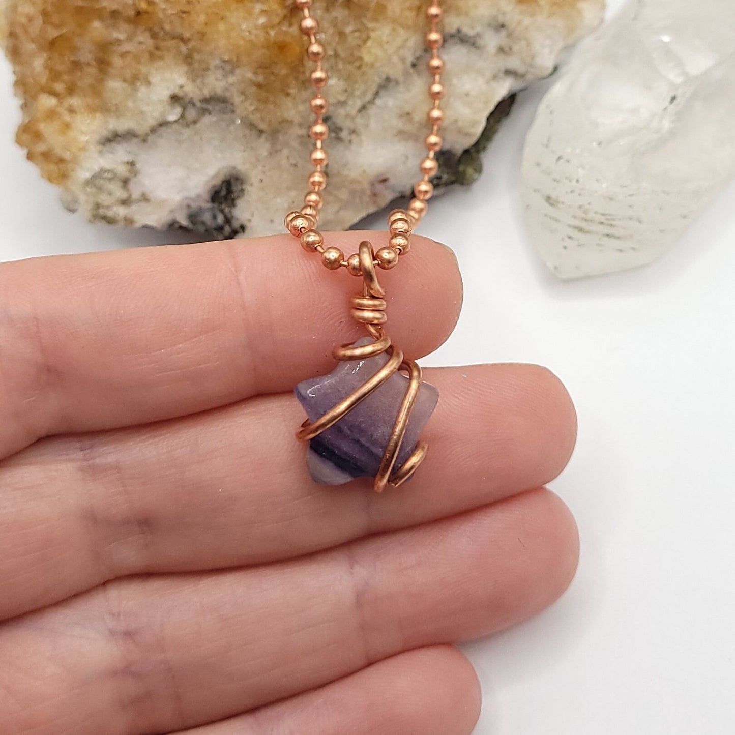 Rainbow Fluorite Star Necklace, Copper Wire Wrapped Fluorite Star Pendant