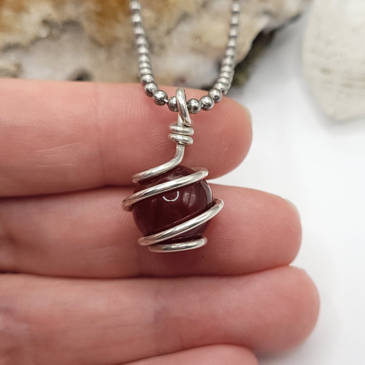 Carnelian Sphere Necklace, Silver Wire Wrapped Carnelian Pendant, Carnelian Jewelry, Crystal Necklace
