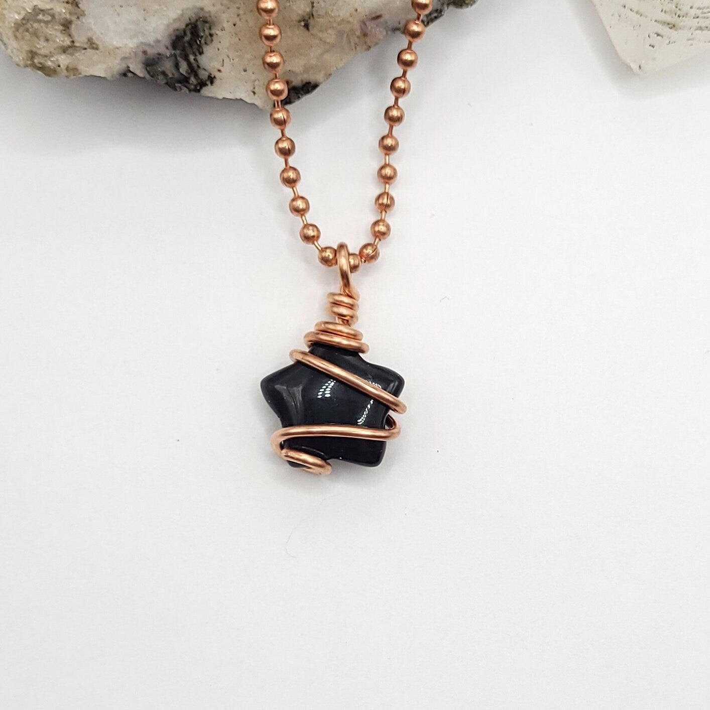 Obsidian Star Necklace, Copper Wire Wrapped Obsidian Star Pendant