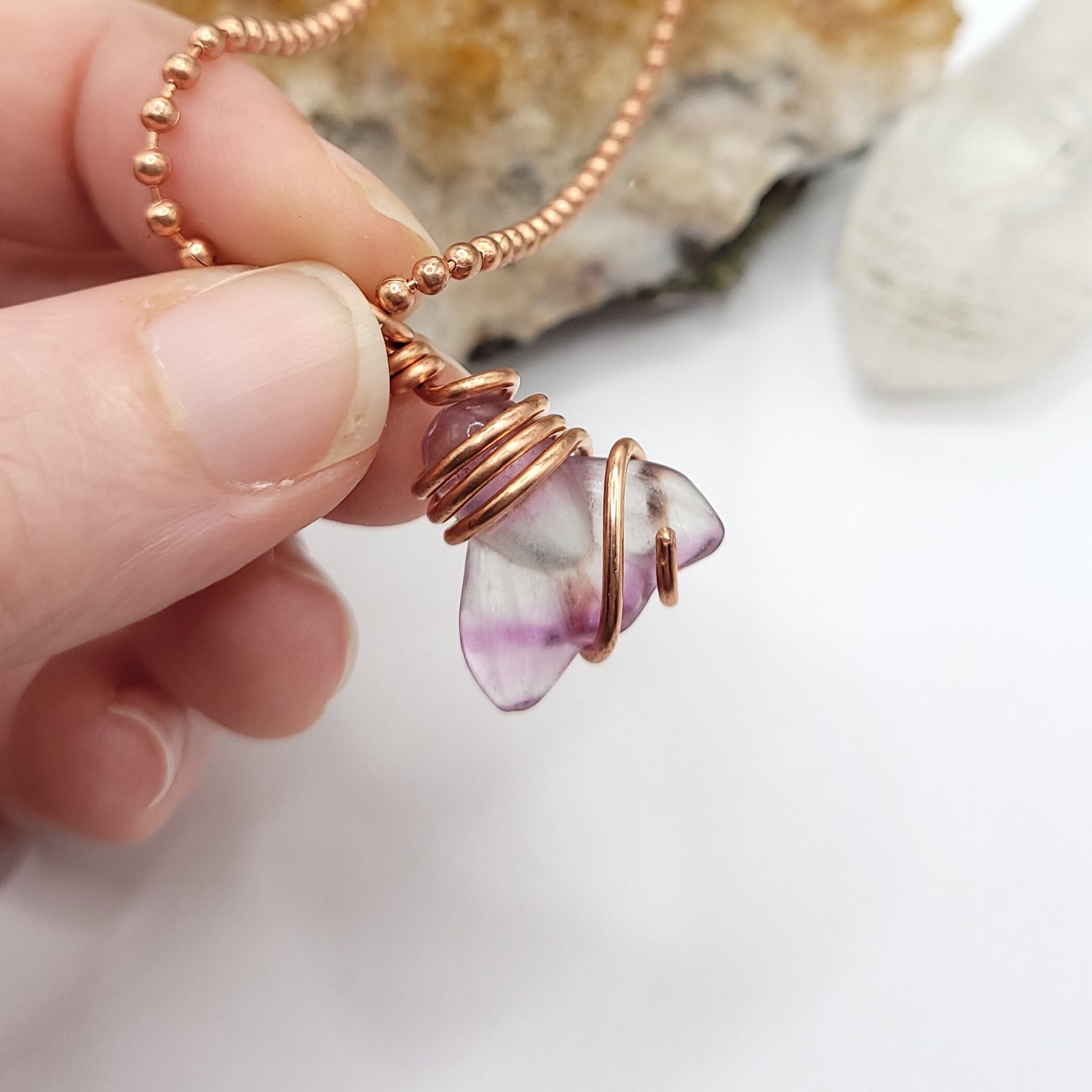 Rainbow Fluorite Mermaid Tail Necklace, Copper Wire Wrapped Fluorite Pendant