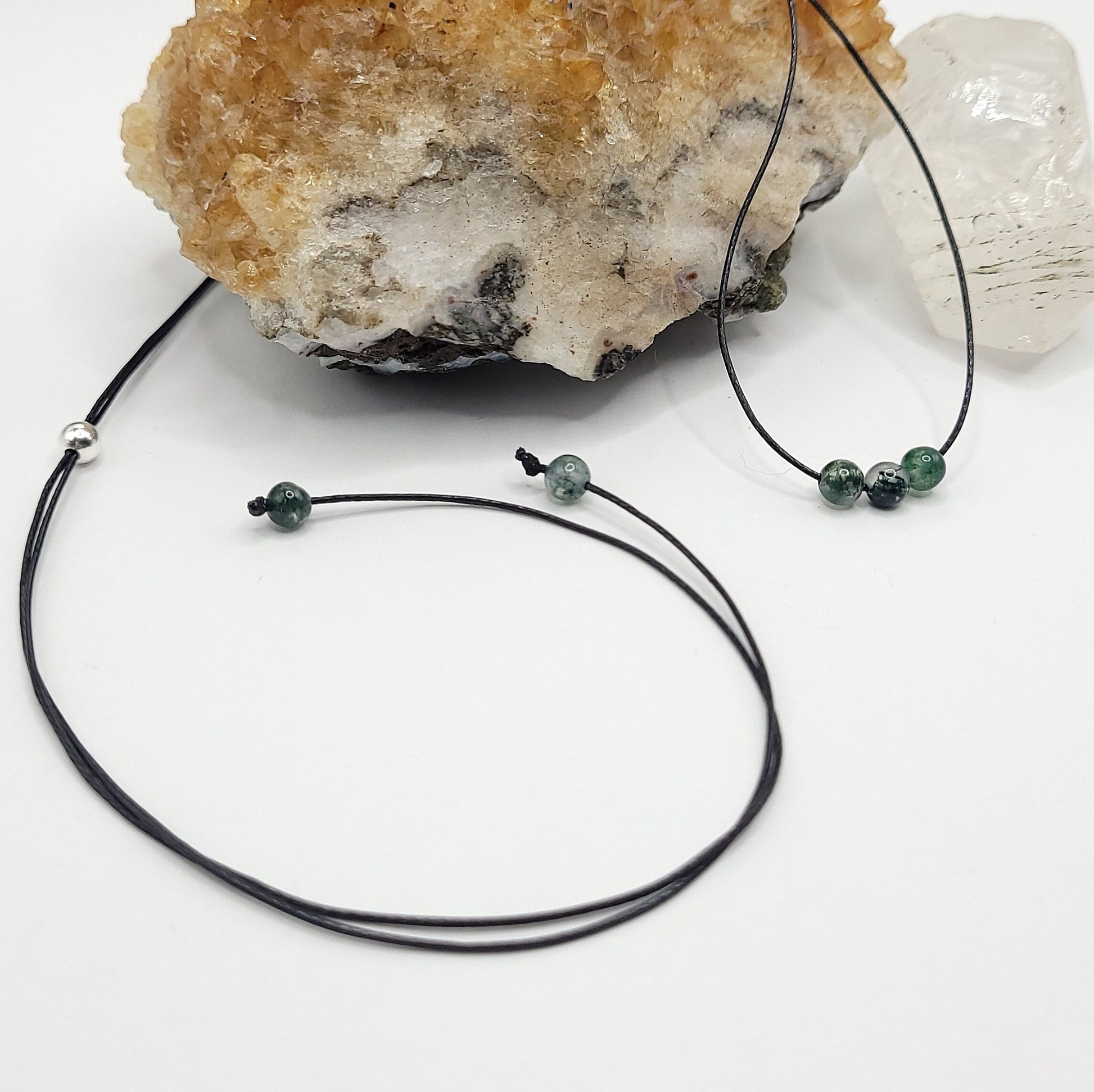 Adjustable Green Moss Agate Necklace, Green Moss Agate Choker, Dainty Crystal Bead Necklace