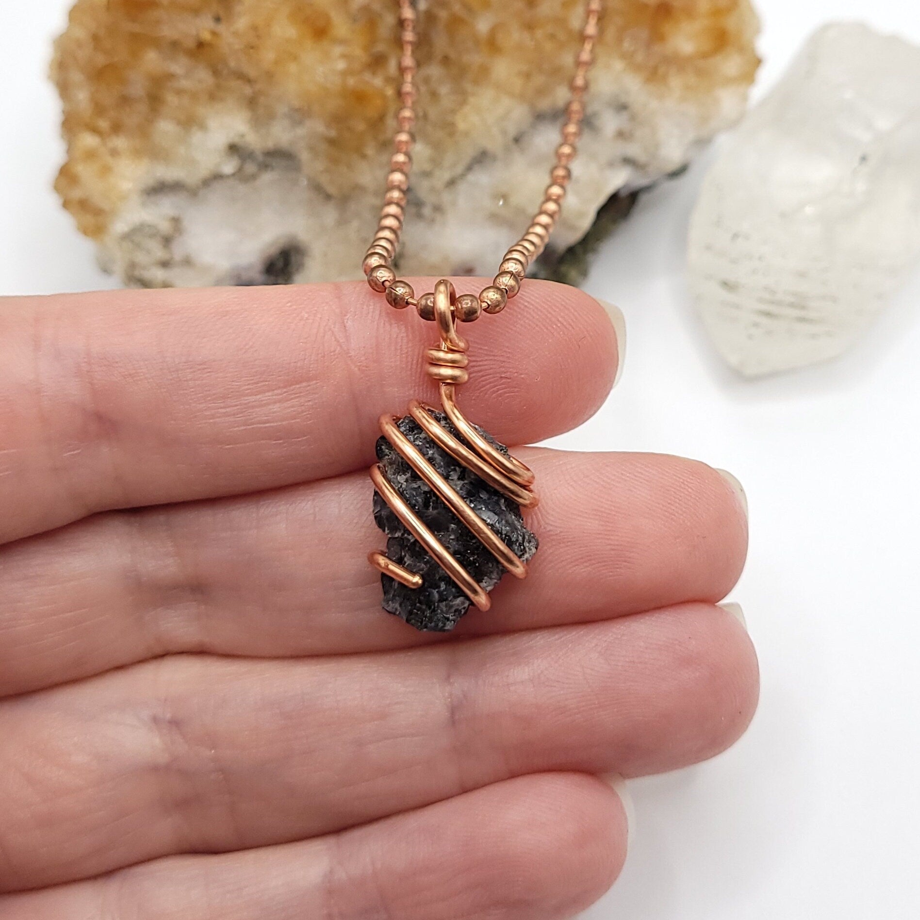 Mystic Merlinite Necklace, Copper Wire Wrapped Merlinite Pendant, Indigo Gabbro Crystal Pendant, Raw Mystic Merlinite