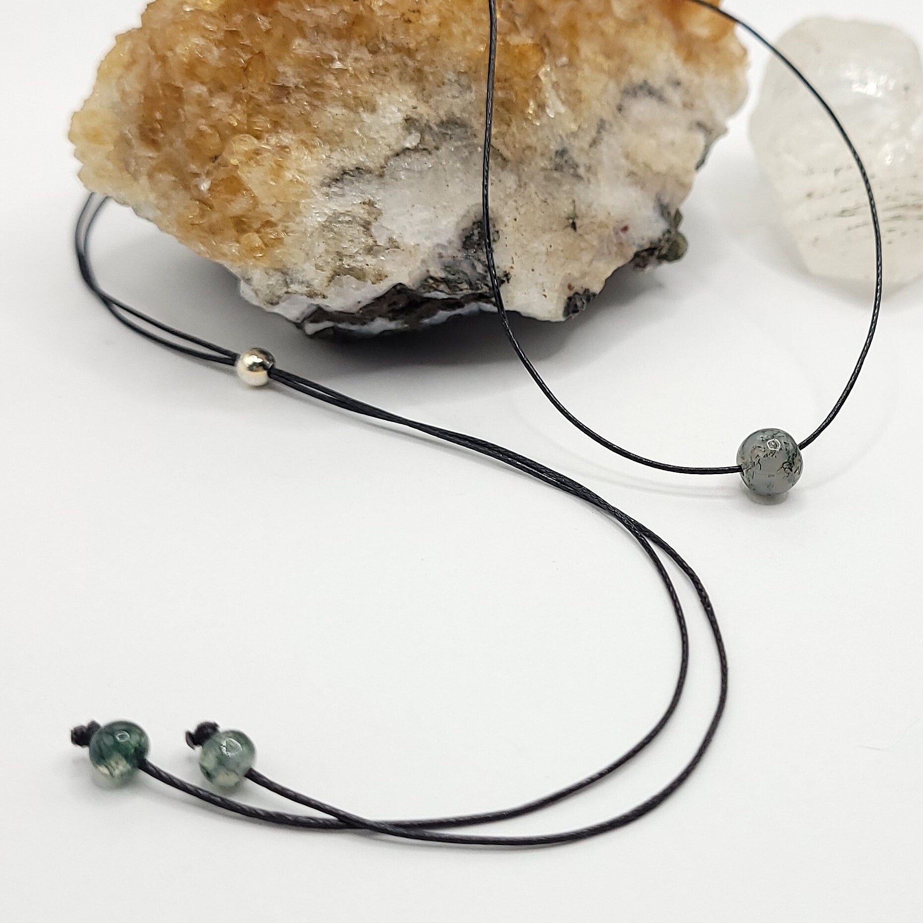 Adjustable Green Moss Agate Necklace, Green Moss Agate Choker, Dainty Crystal Bead Necklace