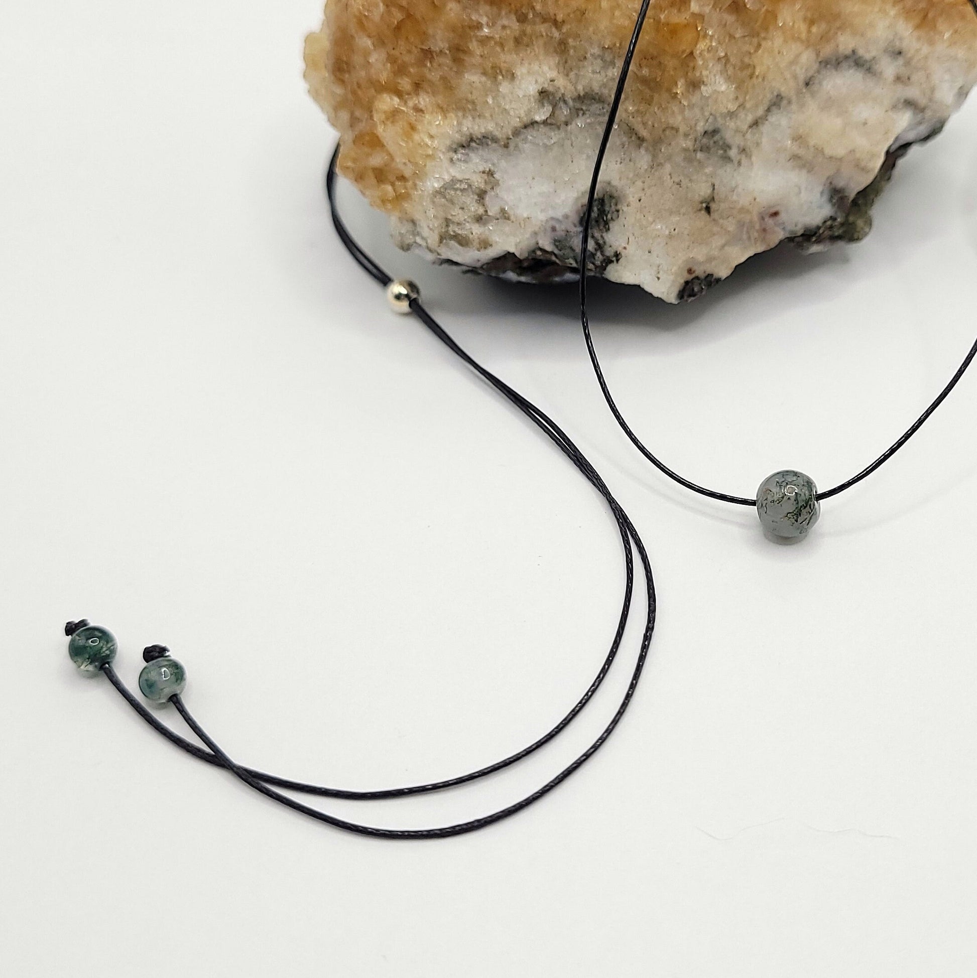 Adjustable Green Moss Agate Necklace, Green Moss Agate Choker, Dainty Crystal Bead Necklace