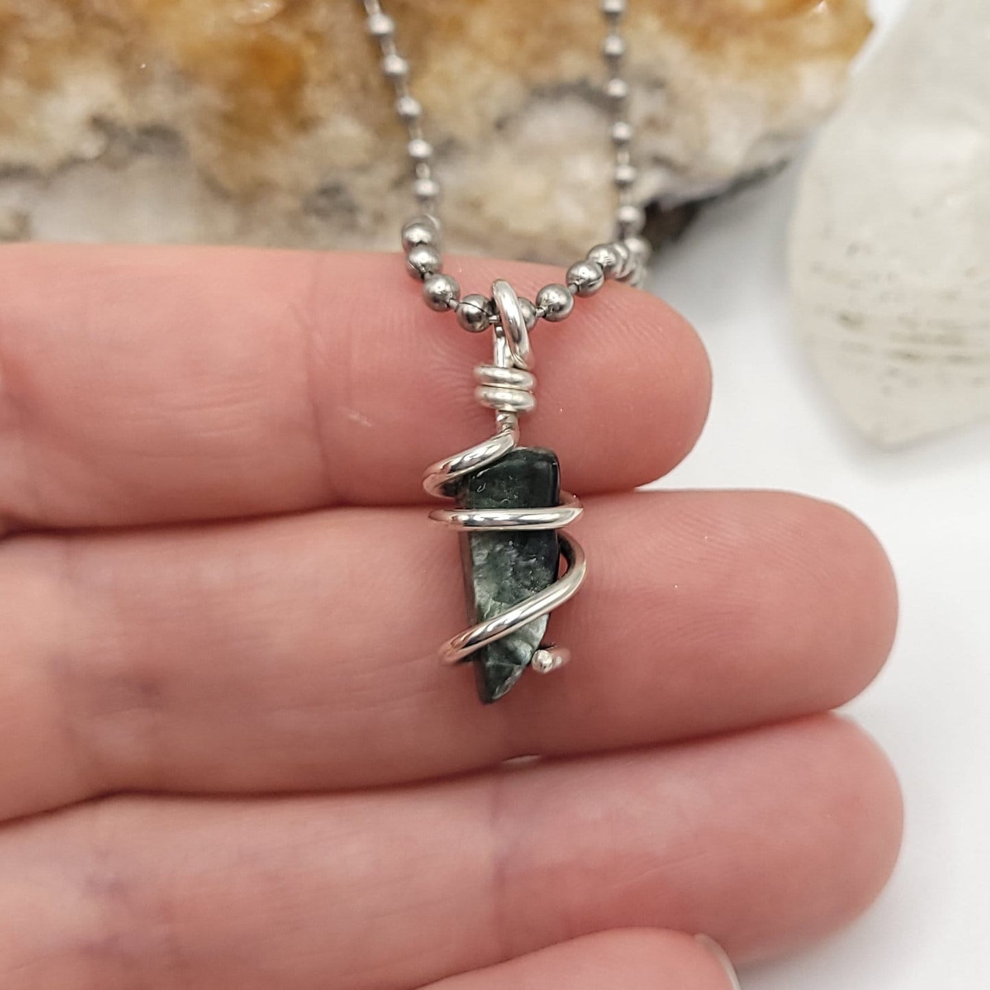 Seraphinite Necklace, Silver Wire Wrapped Seraphinite Pendant