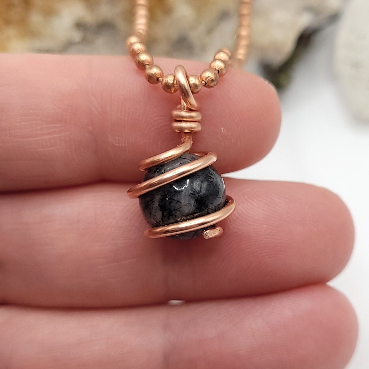 Tourmalated Quartz Sphere Necklace, Copper Wire Wrapped Tourmalated Quartz Pendant