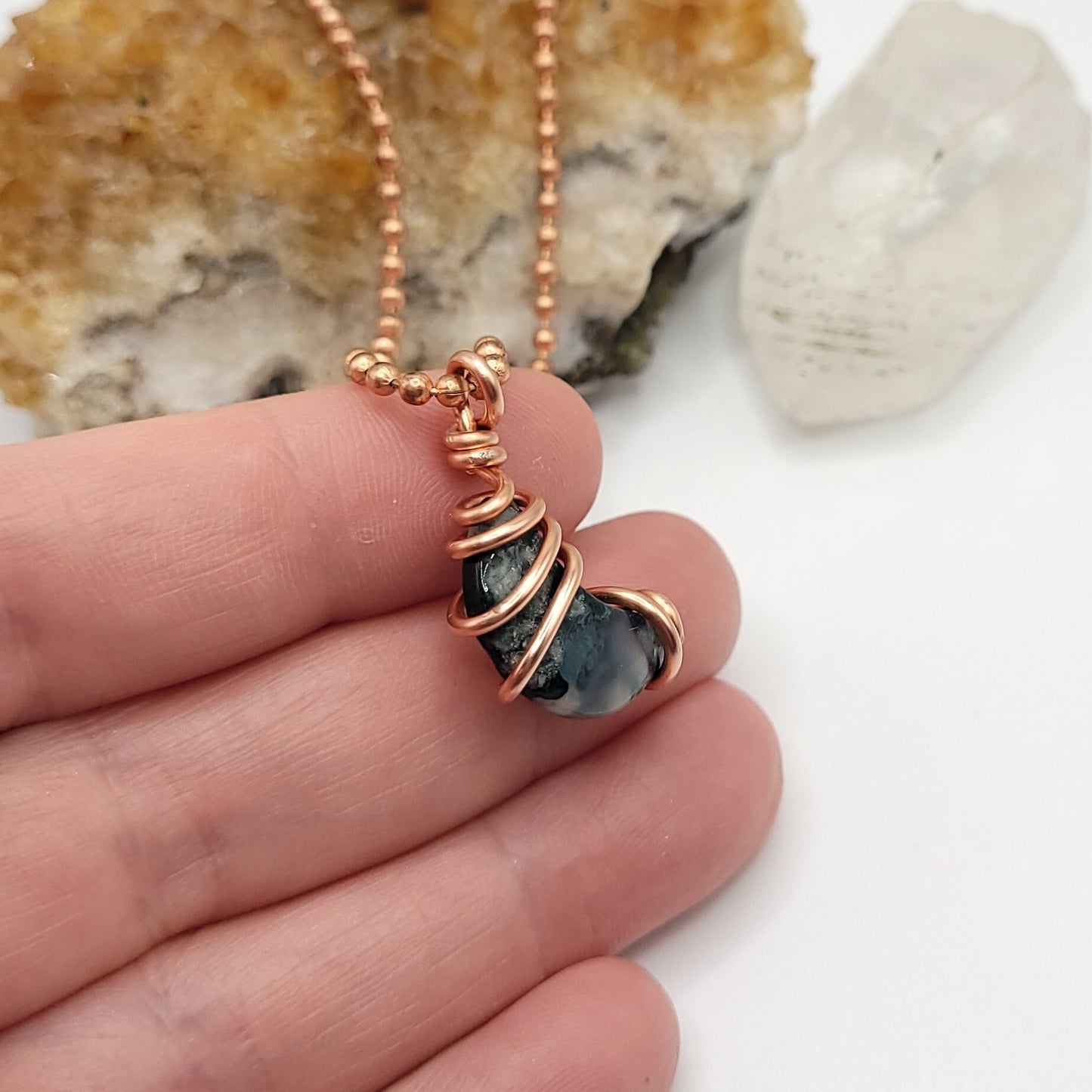 Green Moss Agate Moon Necklace, Copper Wire Wrapped Moss Agate Moon Pendant