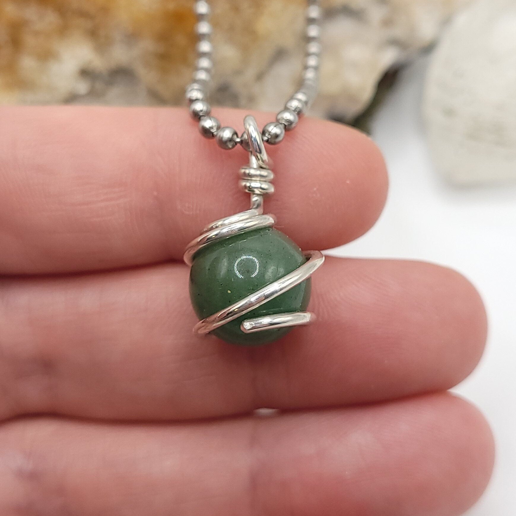 Green Aventurine Sphere Necklace, Silver Wire Wrapped Green Aventurine Pendant | Promotes Luck, Prosperity and Success