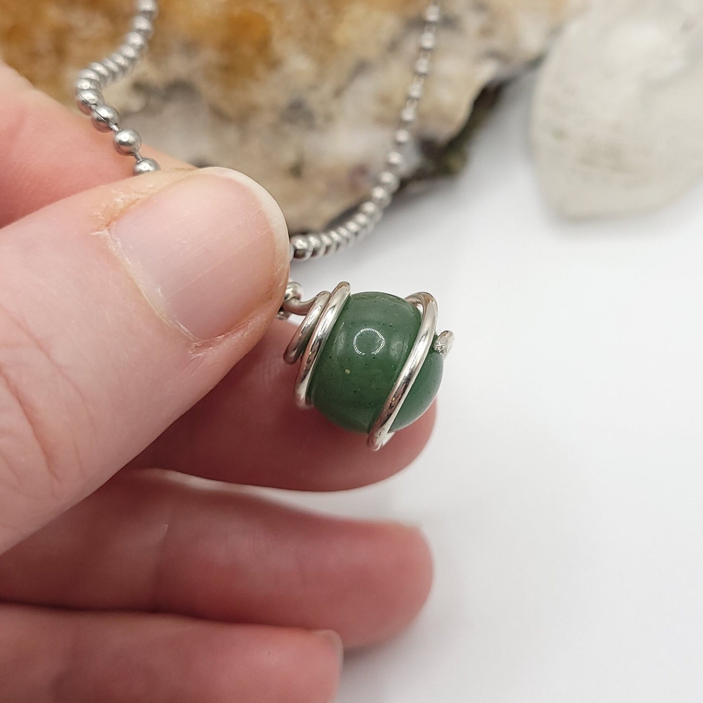 Green Aventurine Sphere Necklace, Silver Wire Wrapped Green Aventurine Pendant | Promotes Luck, Prosperity and Success