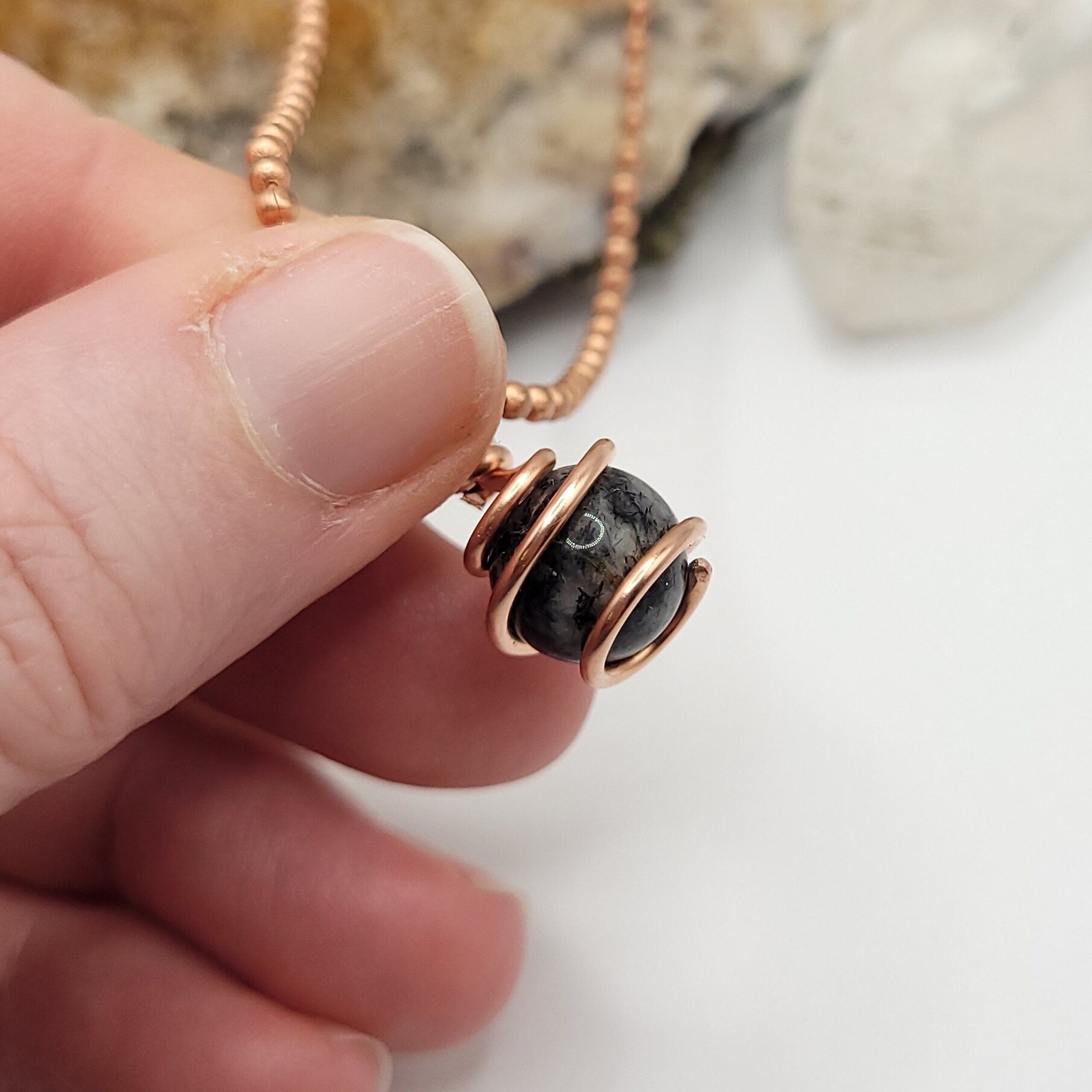 Tourmalated Quartz Sphere Necklace, Copper Wire Wrapped Tourmalated Quartz Pendant