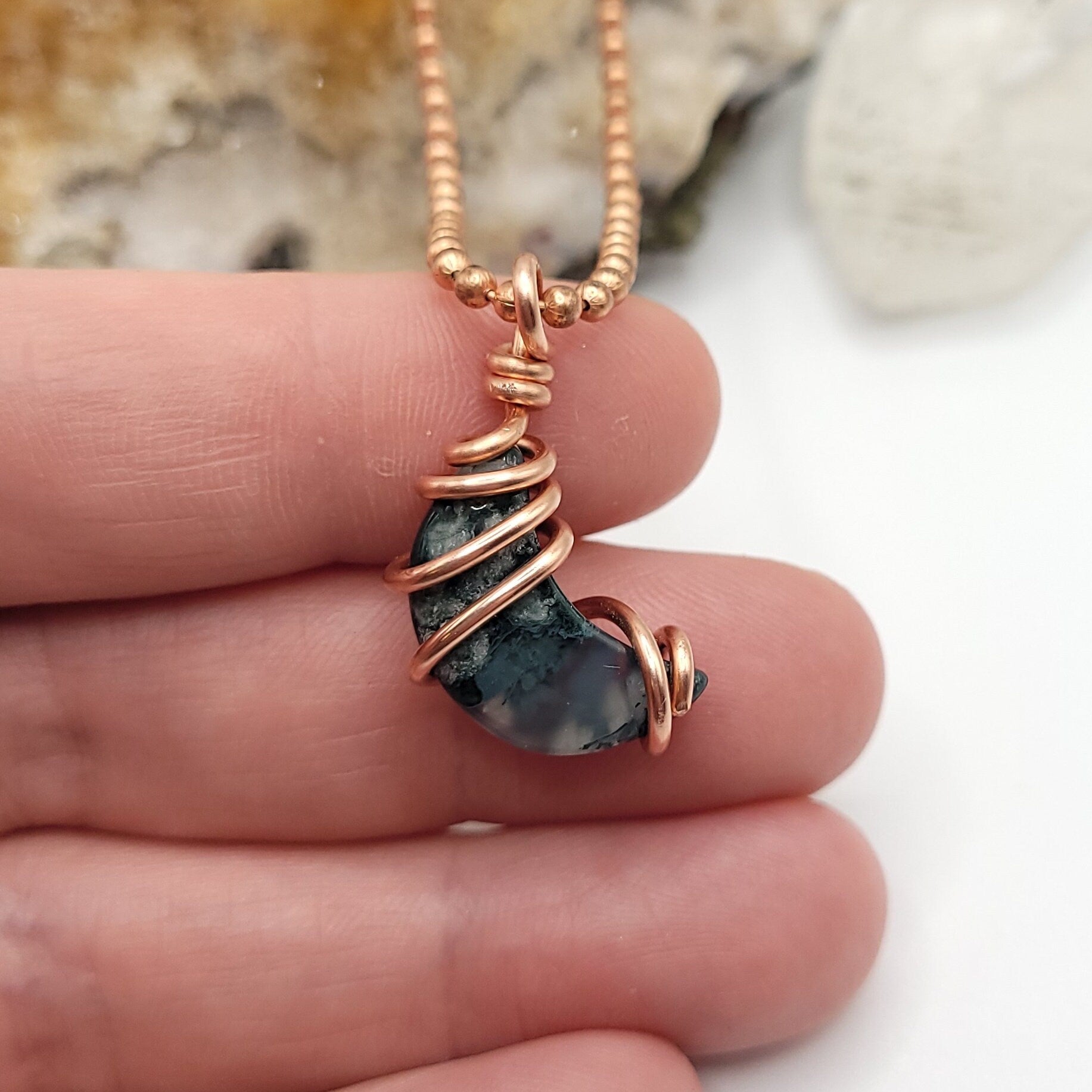 Green Moss Agate Moon Necklace, Copper Wire Wrapped Moss Agate Moon Pendant