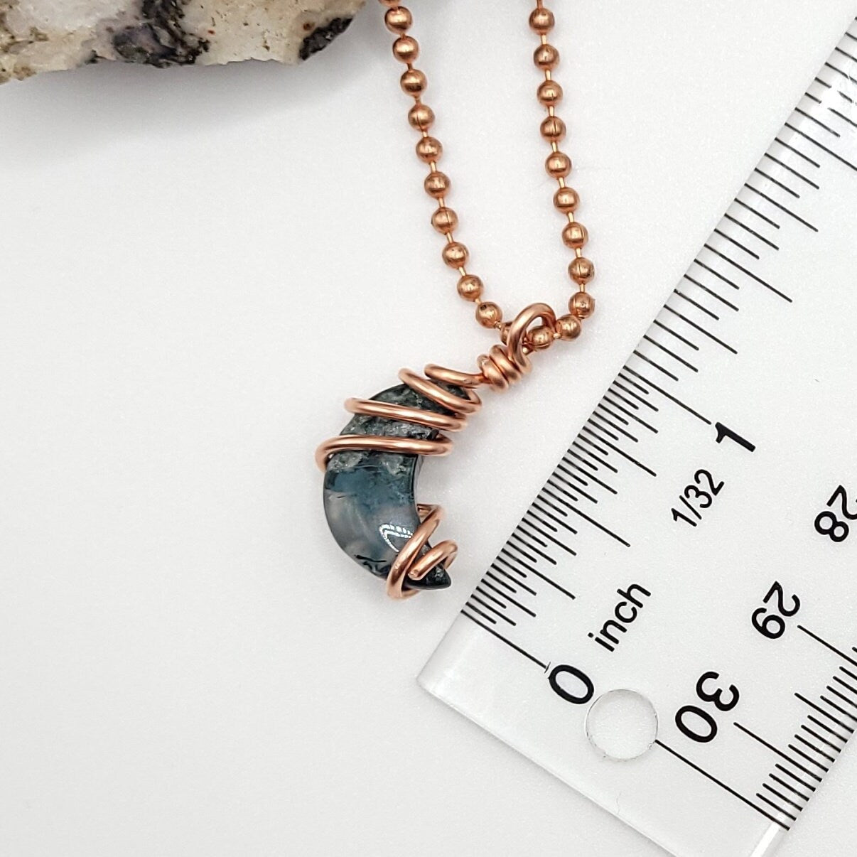 Green Moss Agate Moon Necklace, Copper Wire Wrapped Moss Agate Moon Pendant