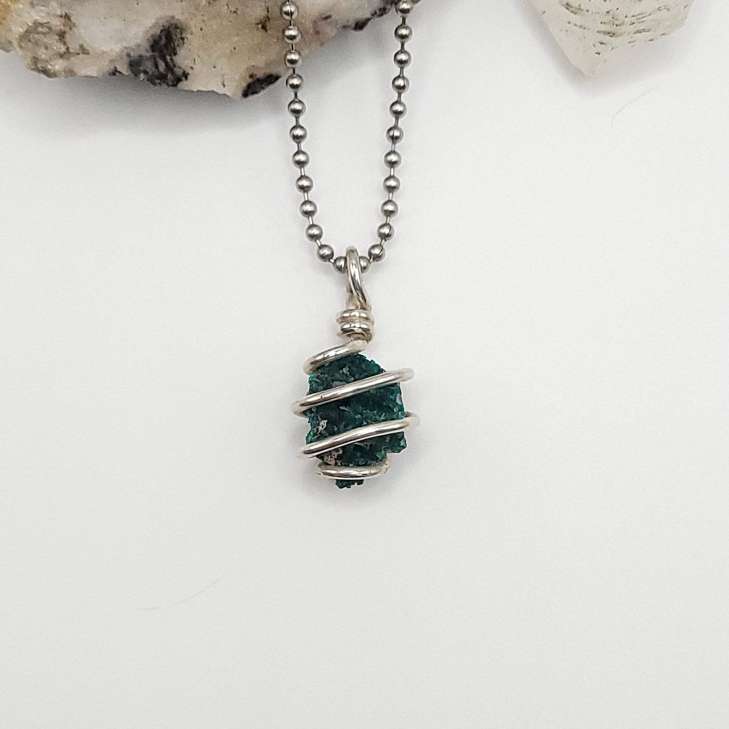 Raw Dioptase Crystal Necklace in Silver Wire