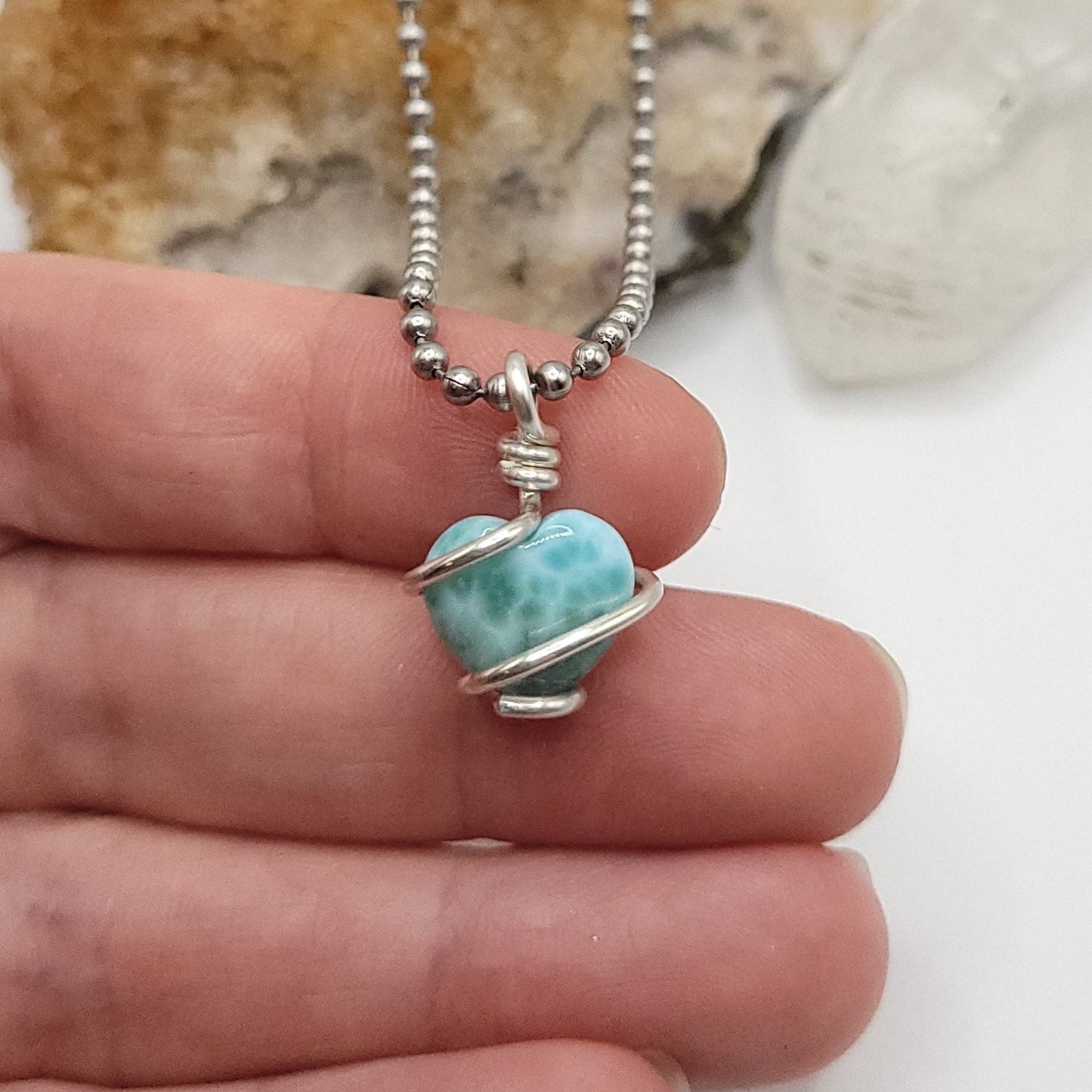 Larimar Heart Necklace, Silver Wire Wrapped Larimar Pendant, Raw Larimar Jewelry, Crystal Gifts
