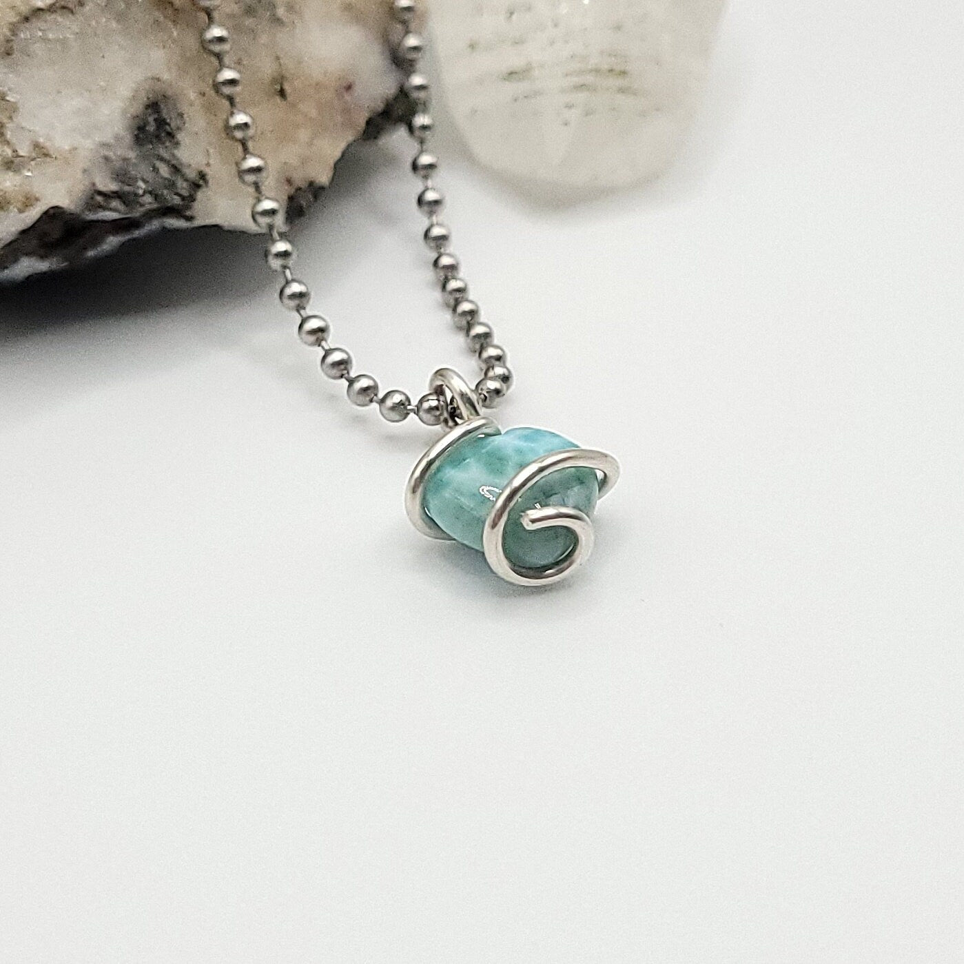 Larimar Heart Necklace, Silver Wire Wrapped Larimar Pendant, Raw Larimar Jewelry, Crystal Gifts