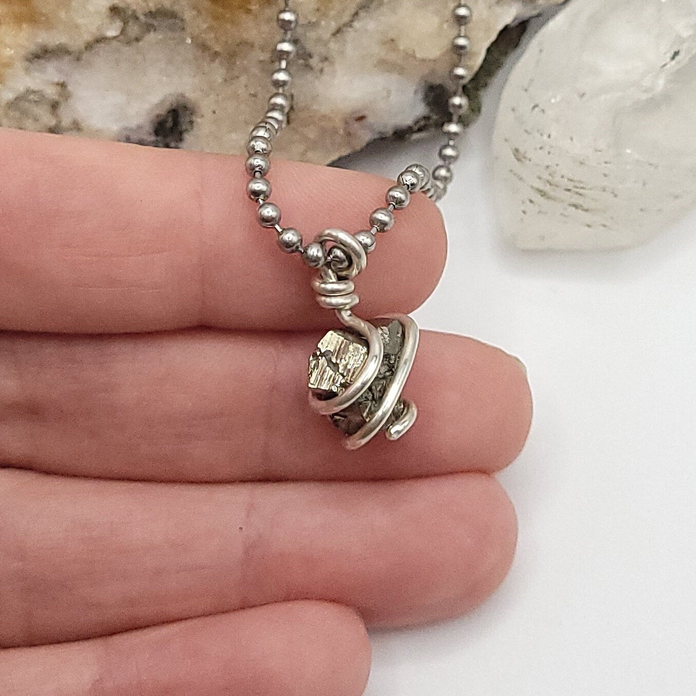 Raw Pyrite Crystal Necklace in Silver Wire