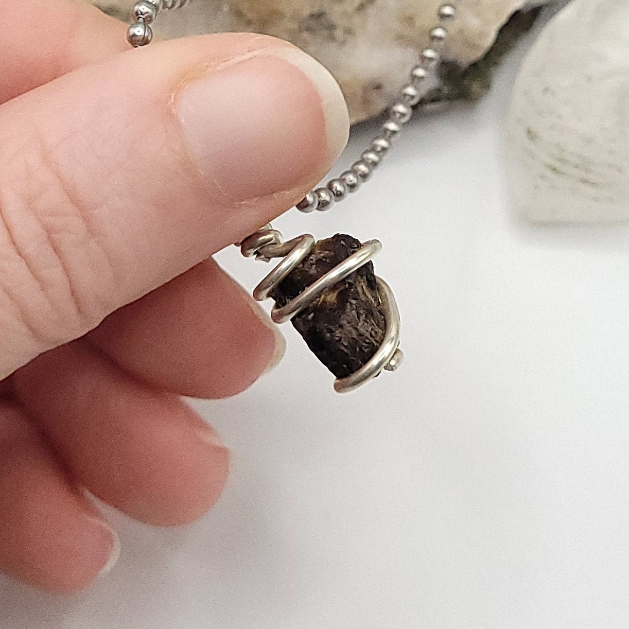 Raw Amber Crystal Necklace in Silver Wire