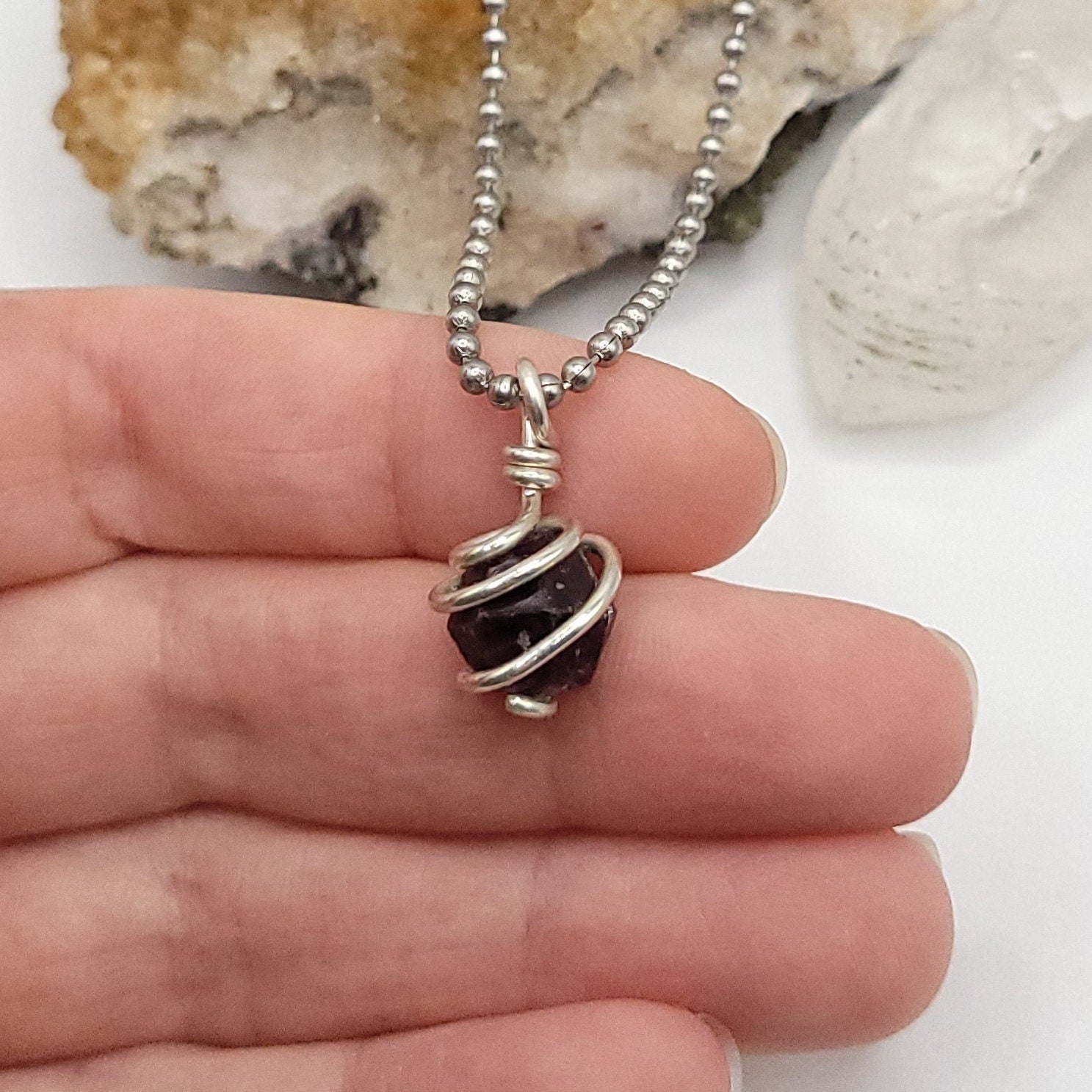 Raw Garnet Crystal Necklace in Silver Wire