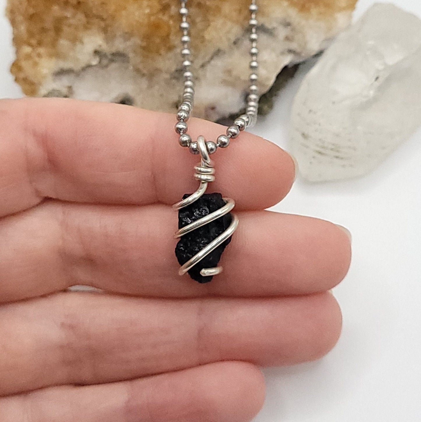 Raw Black Tourmaline Crystal Necklace in Silver Wire