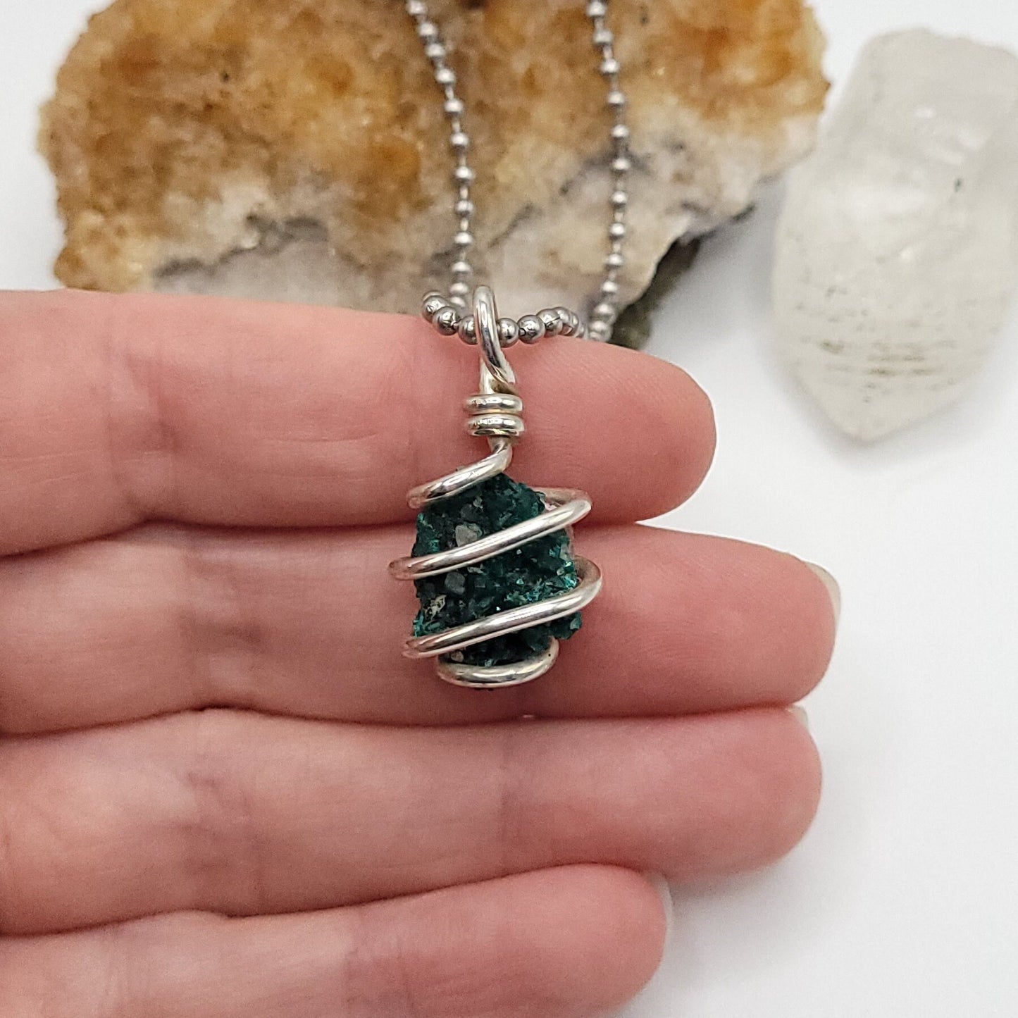 Raw Dioptase Crystal Necklace in Silver Wire