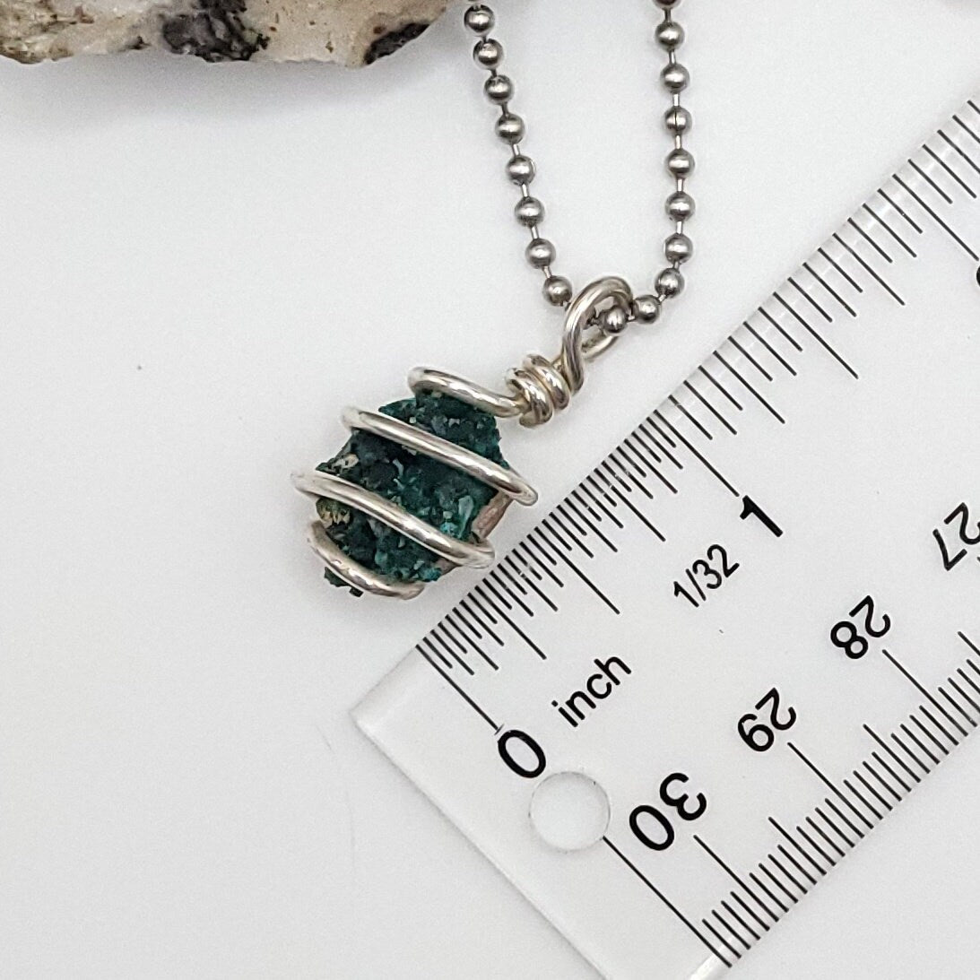 Raw Dioptase Crystal Necklace in Silver Wire