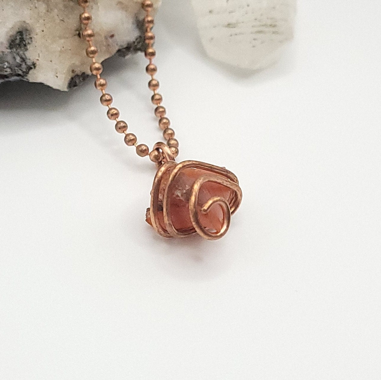 Raw Carnelian Crystal Necklace in Copper side view
