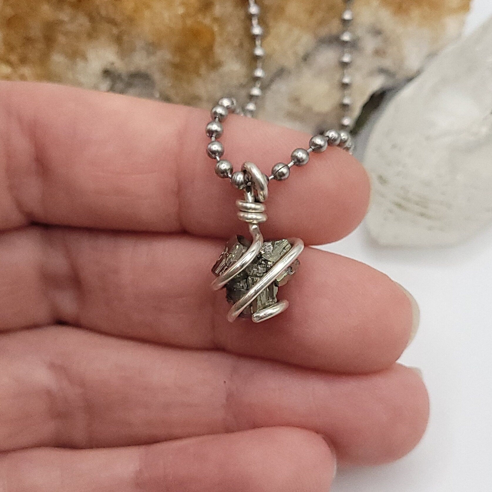 Raw Pyrite Crystal Necklace in Silver Wire