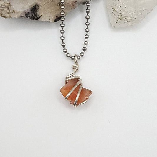 Raw Carnelian Crystal Necklace in Silver Wire