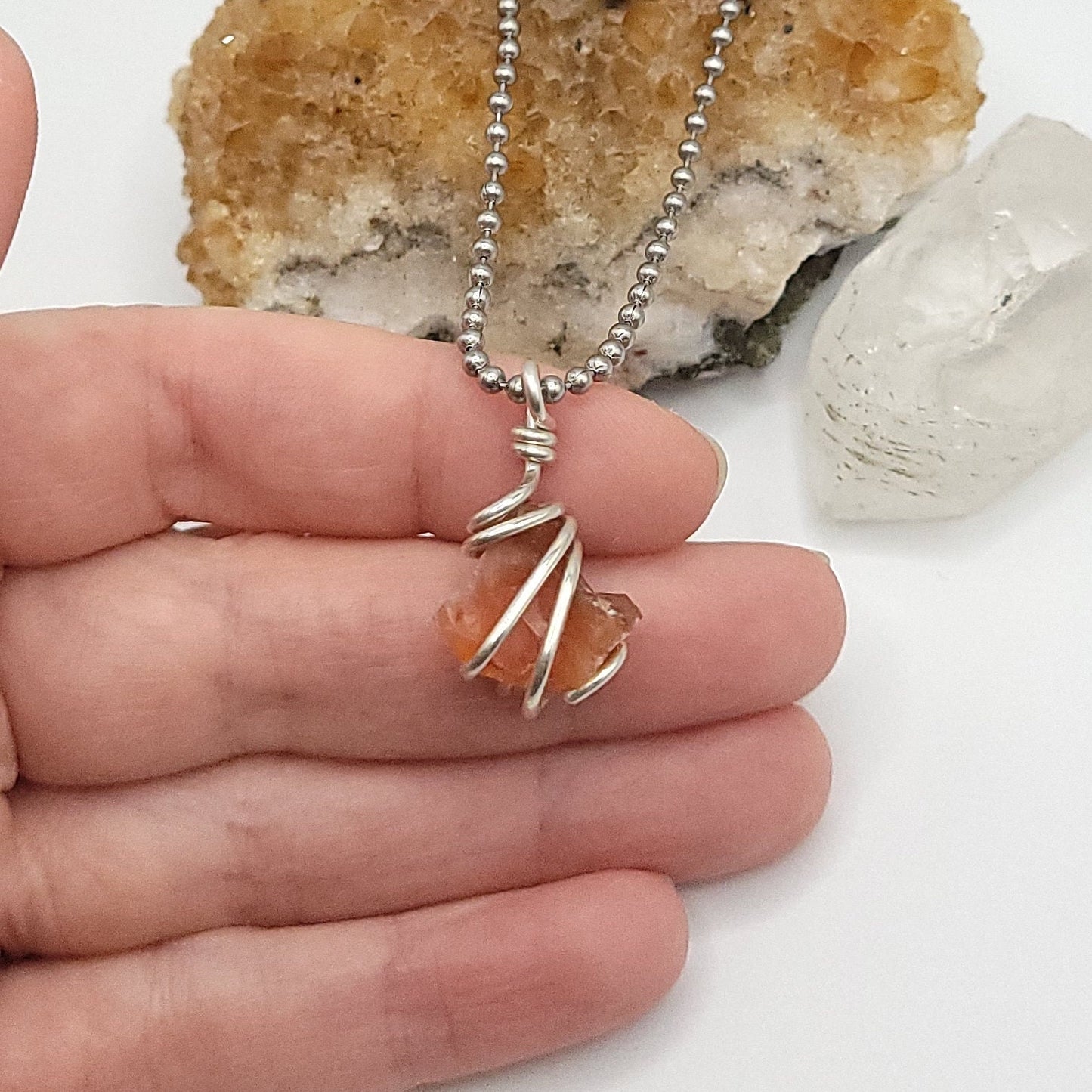 Raw Carnelian Crystal Necklace in Silver Wire